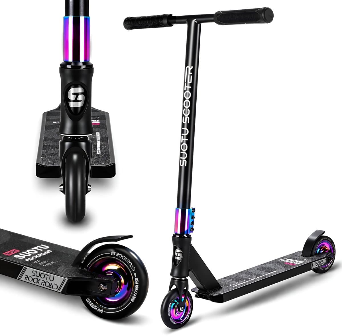Suotu Stuntstep - Step - Kinderstep - Silent axle - Speelgoed Jongens/Meisjes - Maximale stuurhoogte: 78 cm - Aluminium - Zwart/NEO