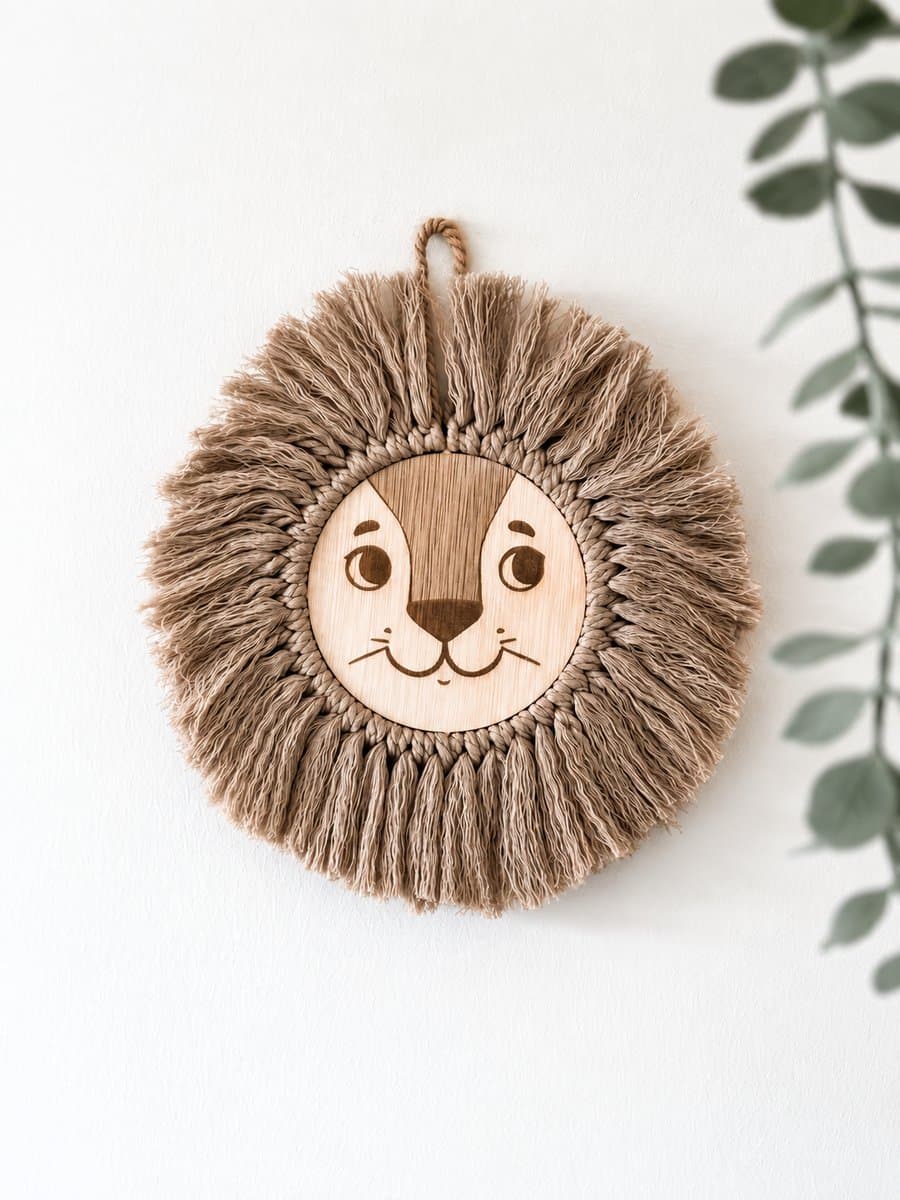 Houten Leeuwenkop Babykamer – Macramé Wanddecoratie Taupe – Jungle Safari Decoratie Kinderkamer – Handgemaakt
