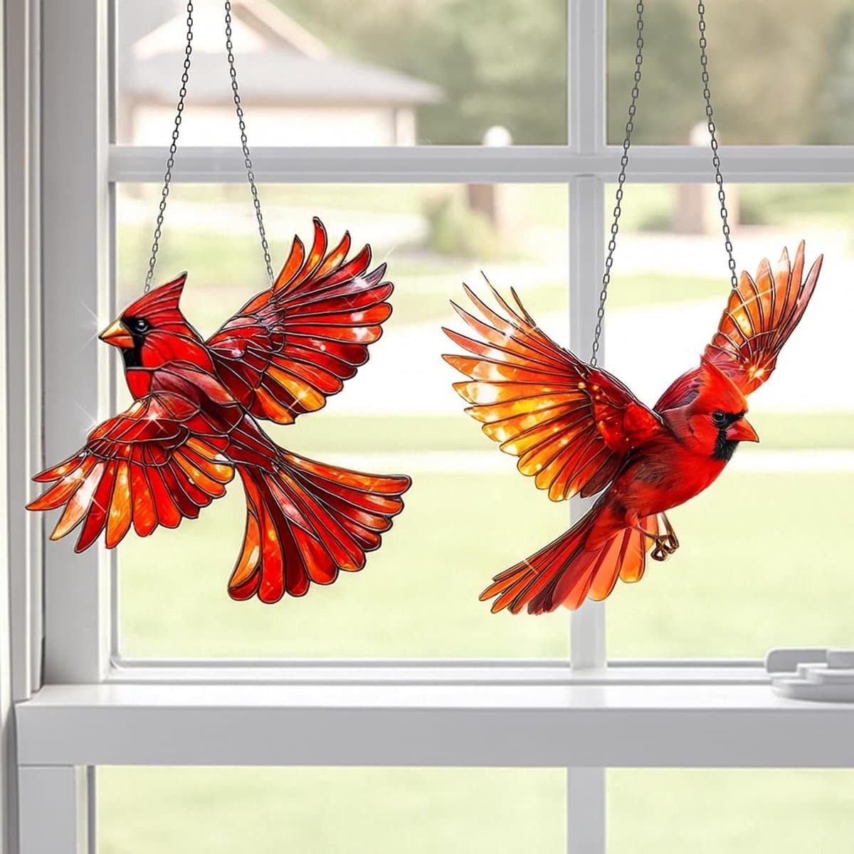 Hangende Decoratie voor Raam - Anti-Collisie Vogelornamenten van Acrylglas, 2 Stuks (Rood) voor Vogelafschrikking en Raamdecoratie