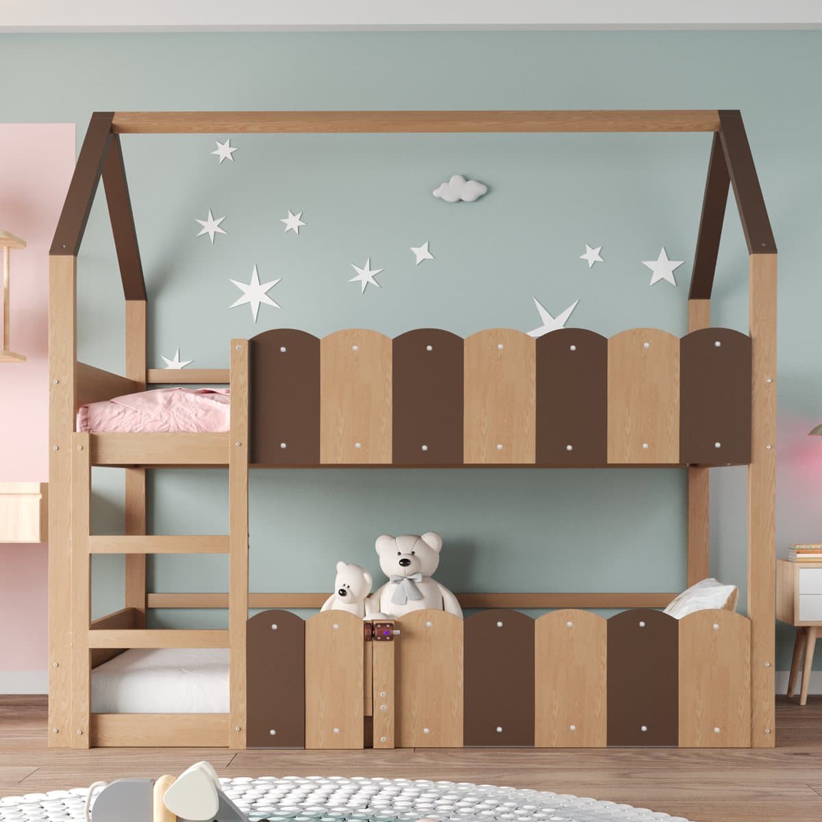 Clruro Kinderstapelbed - 90 x 200 cm - Huisdesign met Hoge Reling - Lattenbodem - Hout/MDF - Naturel