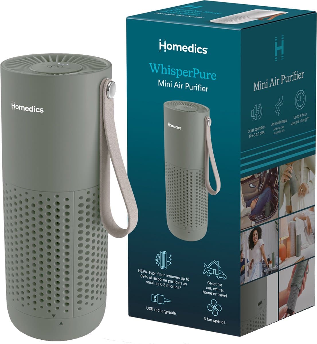 Homedics WhisperPure Mini Luchtreiniger Draadloos - HEPA en Koolstof Filter - Tot 8 uur Batterijduur - Draagbare Air Purifier voor Auto en Thuis - Stil 17-34 dB - Met Olietray - 3 Ventilatiestanden - Groen