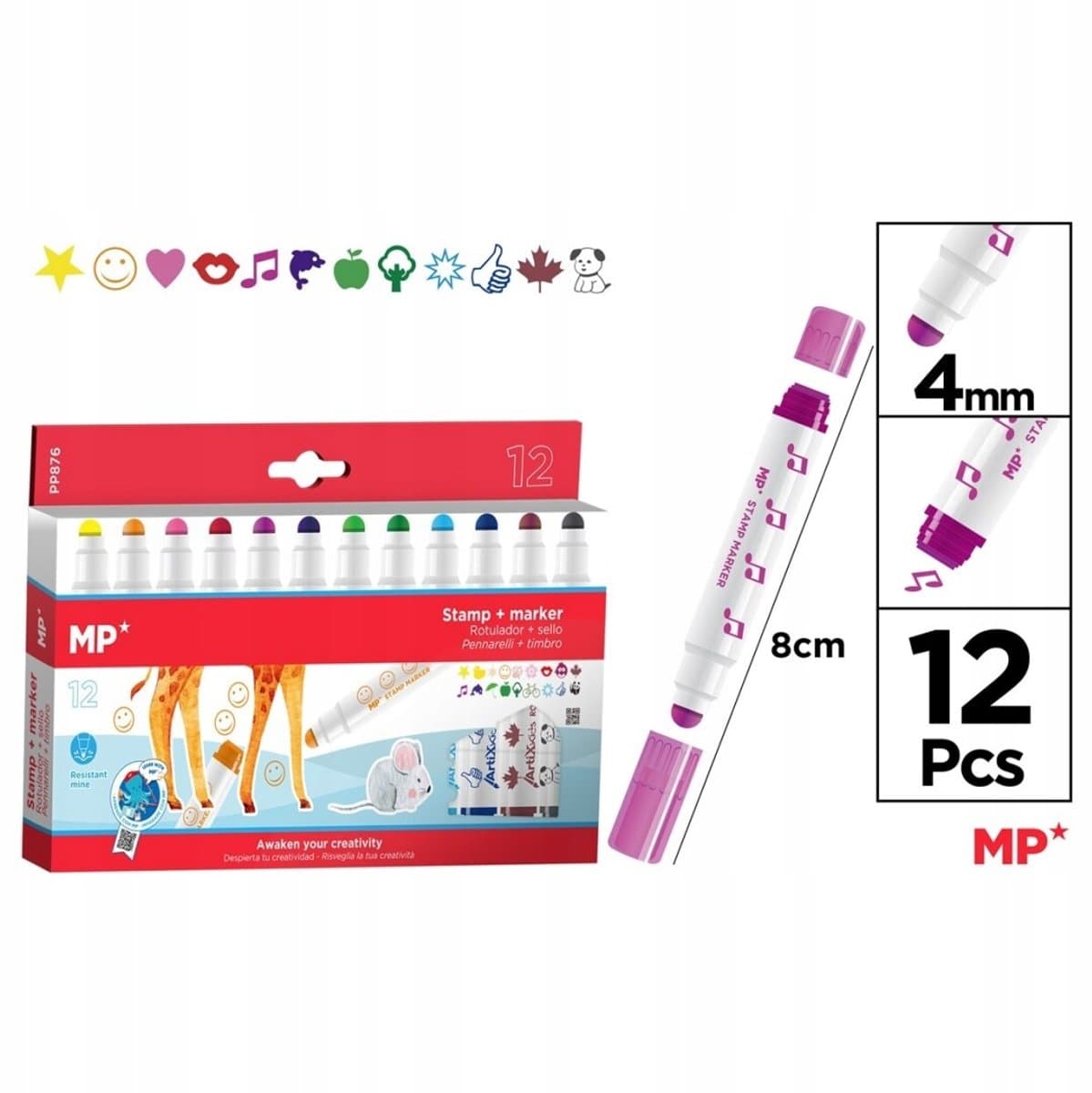 12 Kleur Markers met Stempels - Wasbaar & Veilig
