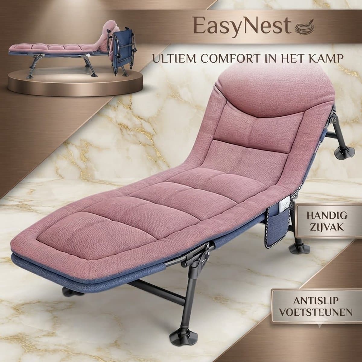 Opvouwbaar Campingbed 133 x 65 cm – Veldbed met Matras en Zijvak – Verstelbare Rugleuning met 5 Standen – Draagbaar Slaapbed voor Kinderen en Volwassenen