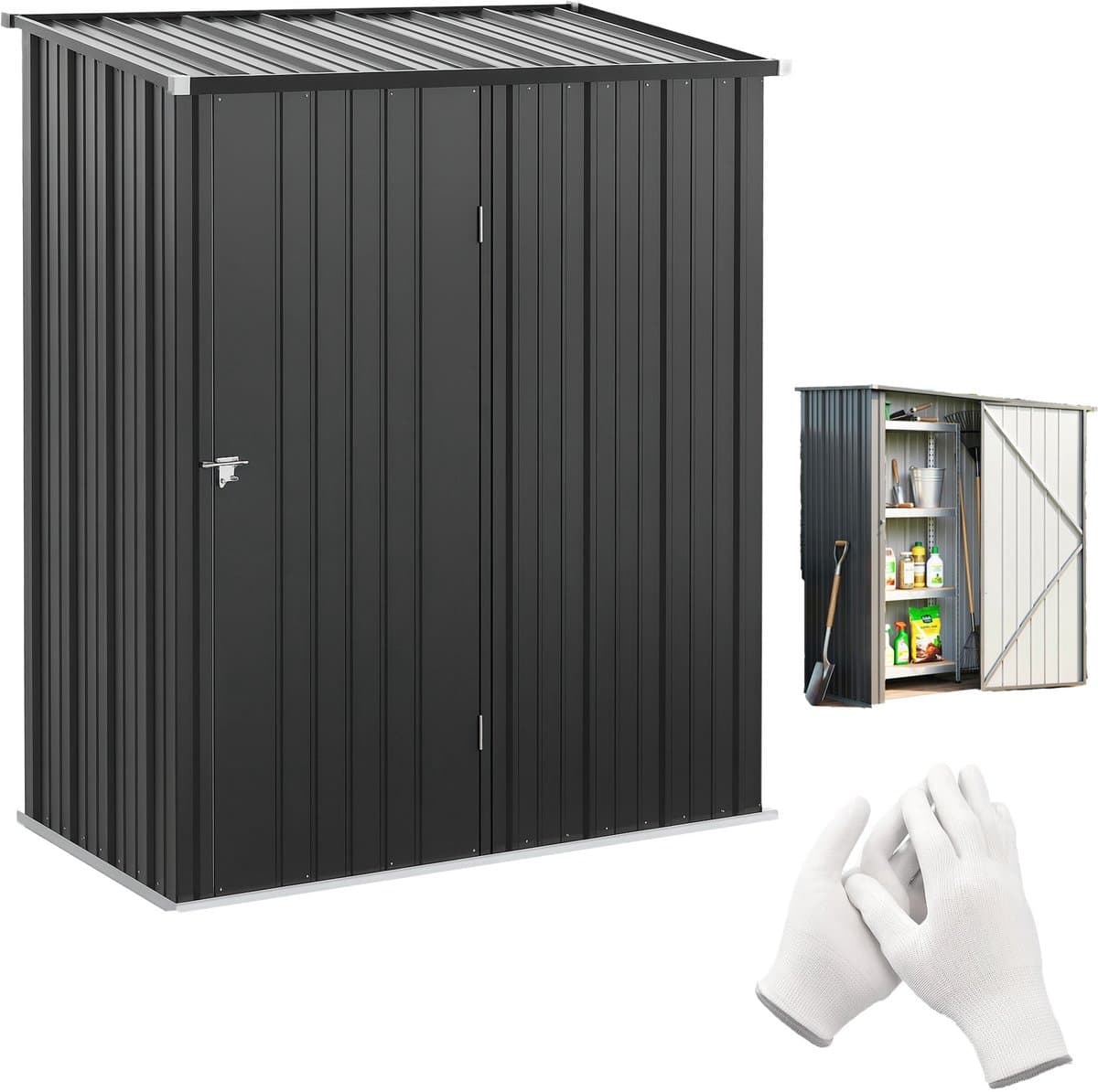 TEKROA® Metalen Tuinhuis Buitenopslag - Gereedschapsschuur met Slot en Schuin Dak - 161,5x94,5x196 cm - Zwart