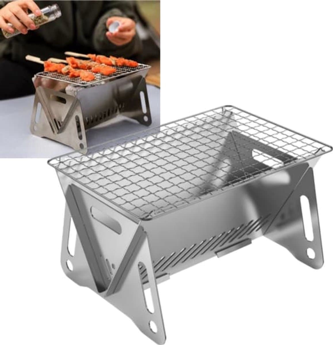 Draagbare, opvouwbare roestvrijstalen barbecuegrill, 13 cm, geschikt voor picknicks en gebruik in de tuin, kan door één of twee personen worden gebruikt. Originele kleur.