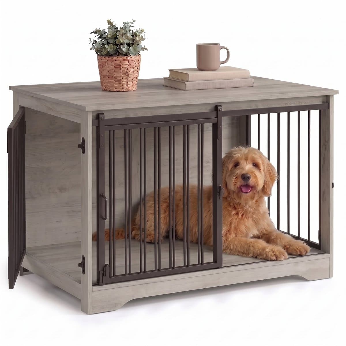 Aiverig® Hondenbench Hout Meubel – met Schuifdeur & Zijdeur – Hondenhok voor Binnen & Hondenkooi – Krasvrije Poten & Anti-knaag Sloten – Voor Middelgrote Honden – Grijs – 100×60×68 CM