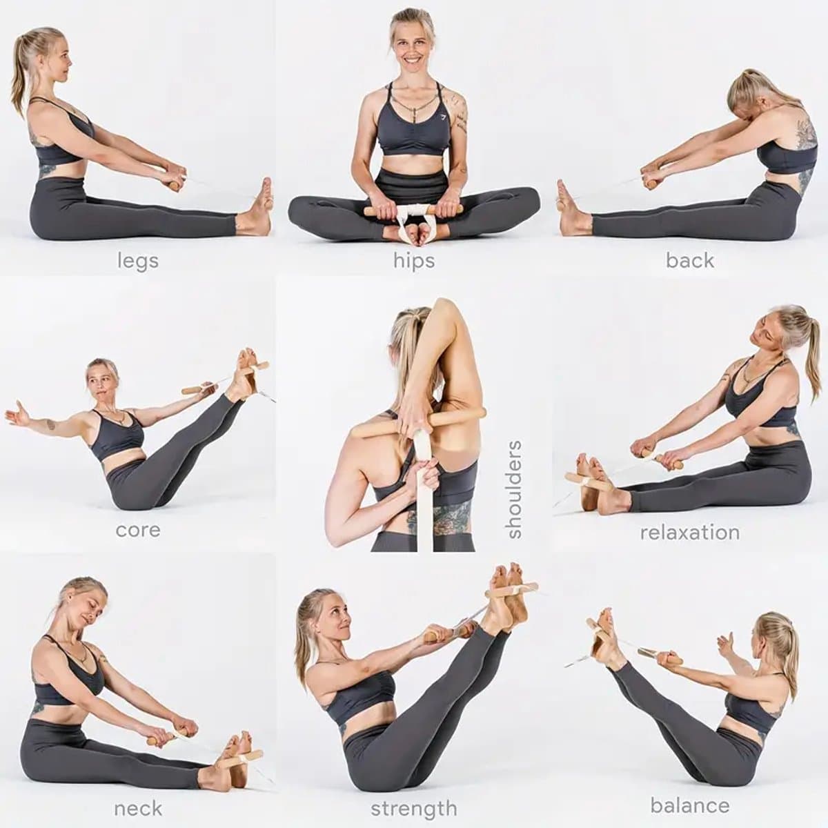 Yoga stretch stok - met band - oefeningen voor flexibiliteit - eenvoudig mee te nemen op reis