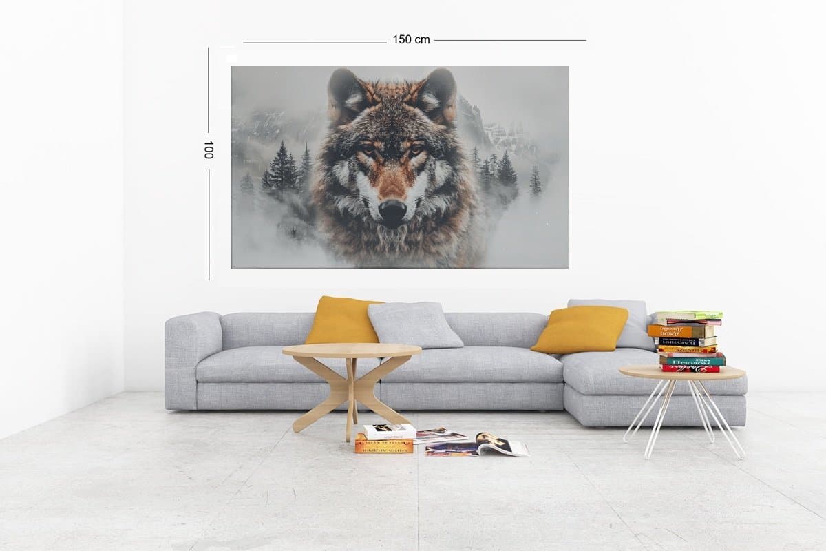 Canvas Schilderij – Wolf in Besneeuwde Bergen – Natuur & Dieren – 60x40x2 cm