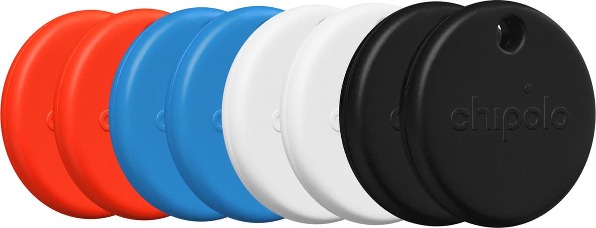 Chipolo Pop - Bluetooth Tracker & KeyFinder - Werkt met Apple Find My & Android Find My Device - Tracker Apple iPhone & Android - 120 dB - Zwart & Wit & Rood & Blauw - 8 Pack