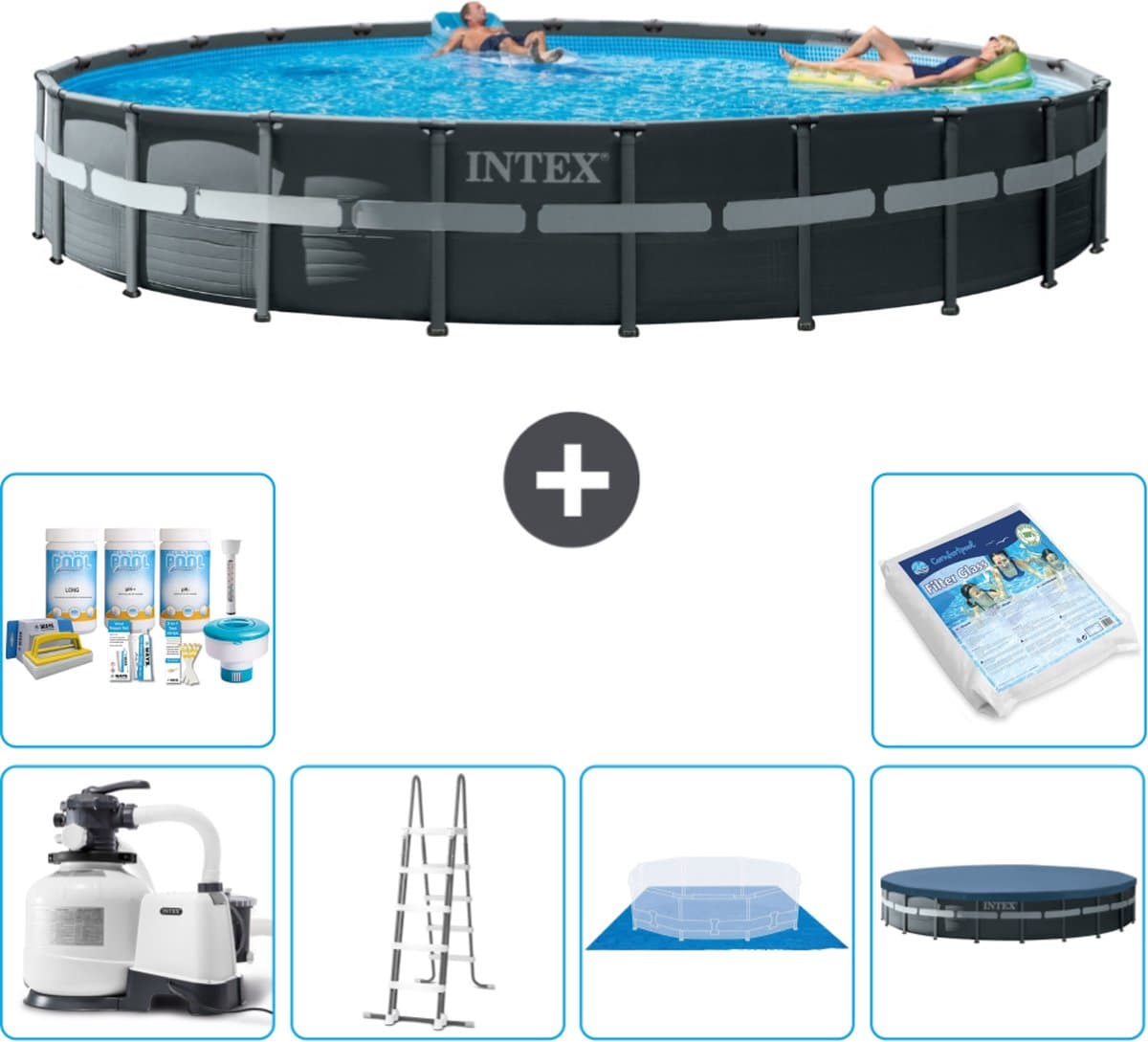 Intex Rond Ultra XTR Frame Zwembad - 732 x 132 cm - Inclusief Pomp - Ladder - Grondzeil - Afdekzeil Onderhoudspakket - Glasparels