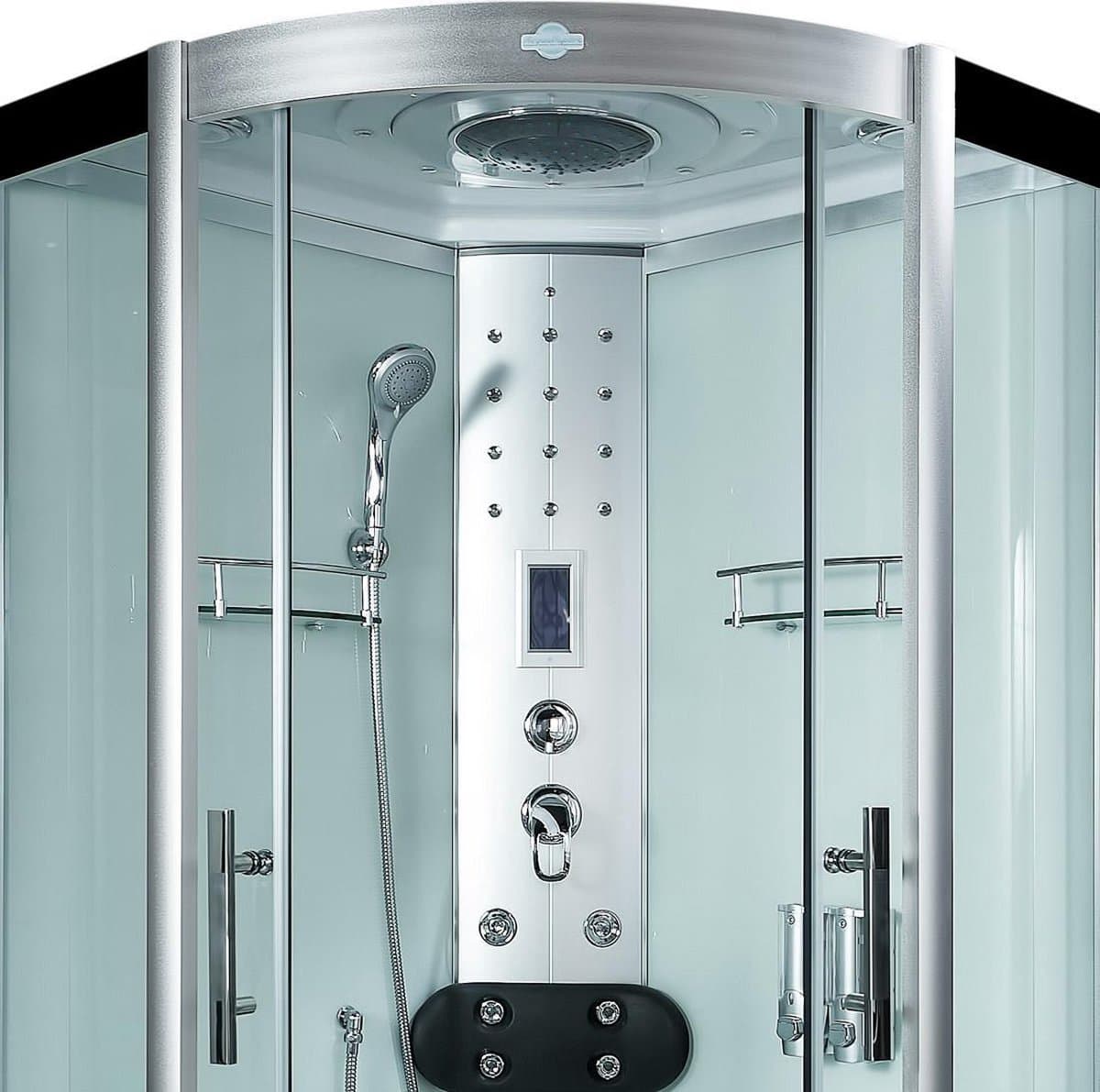 Complete Gesloten Douchecabine 90X90X215 Enla. MENGKRAAN. Luxe, Kit-Vrij, Wit, Veiligheidsglas, LED, Radio, Speakers, Zitje, Massage, Hoekmodel, Kwartrond, Schuifdeuren, Douchebak, Afvoer, Sifon, Verschillende, Full Options. Royal Sanitair