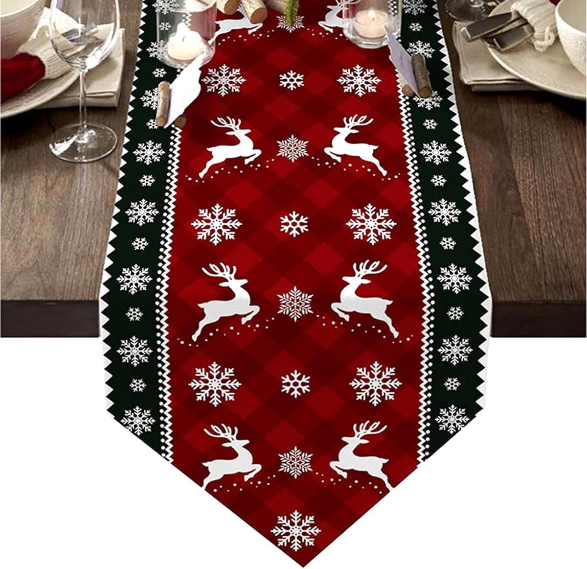 Rode Kerst Tafelloper Met Sneeuwvlok & Rendier – Winterdecoratie 33x183cm