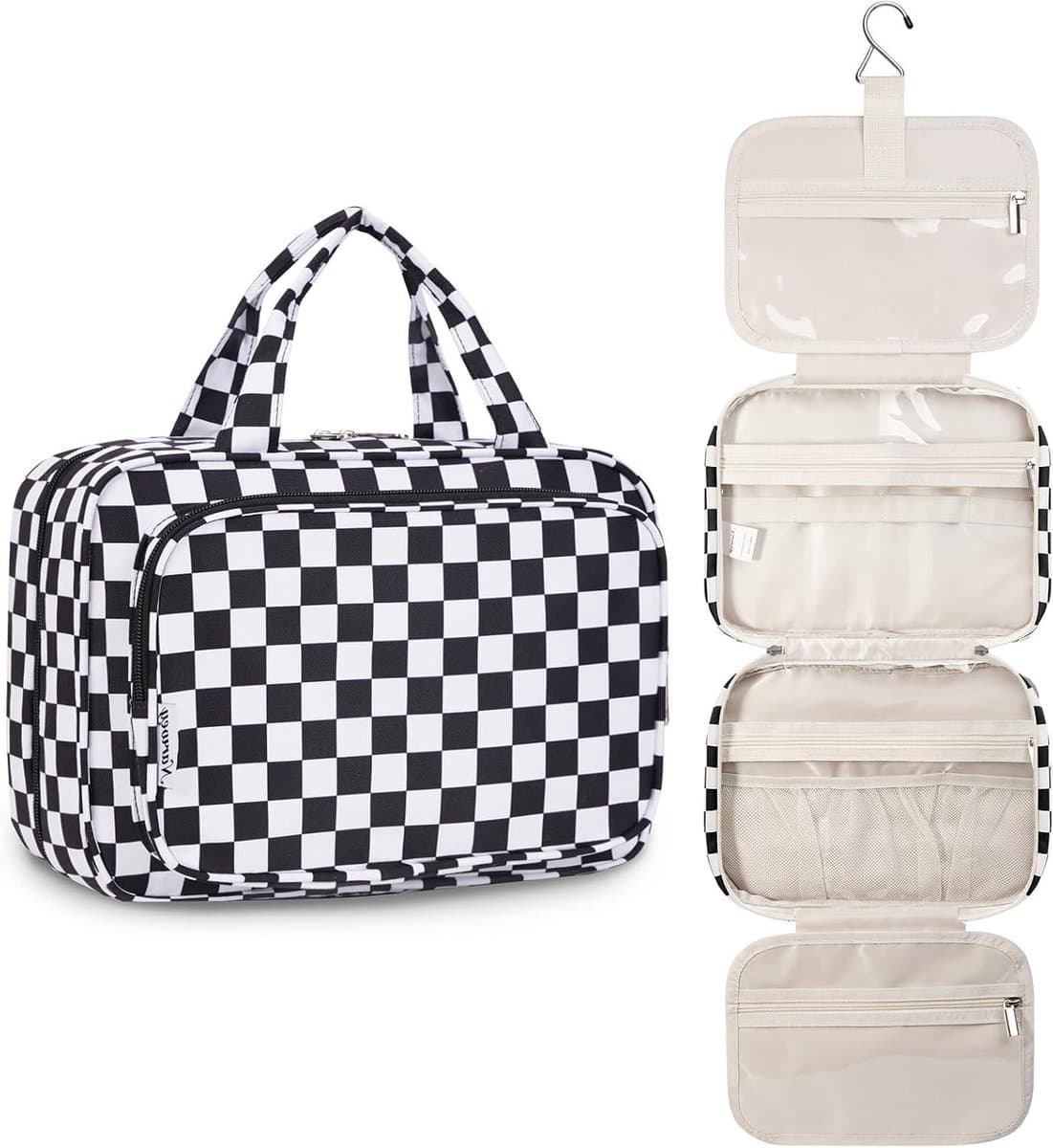 Cosensi - Hangende Toilettas voor Vrouwen - Waszak Cosmetica Make-up Tas - Organizer - Accessoires - Dambord Zwart - Medium