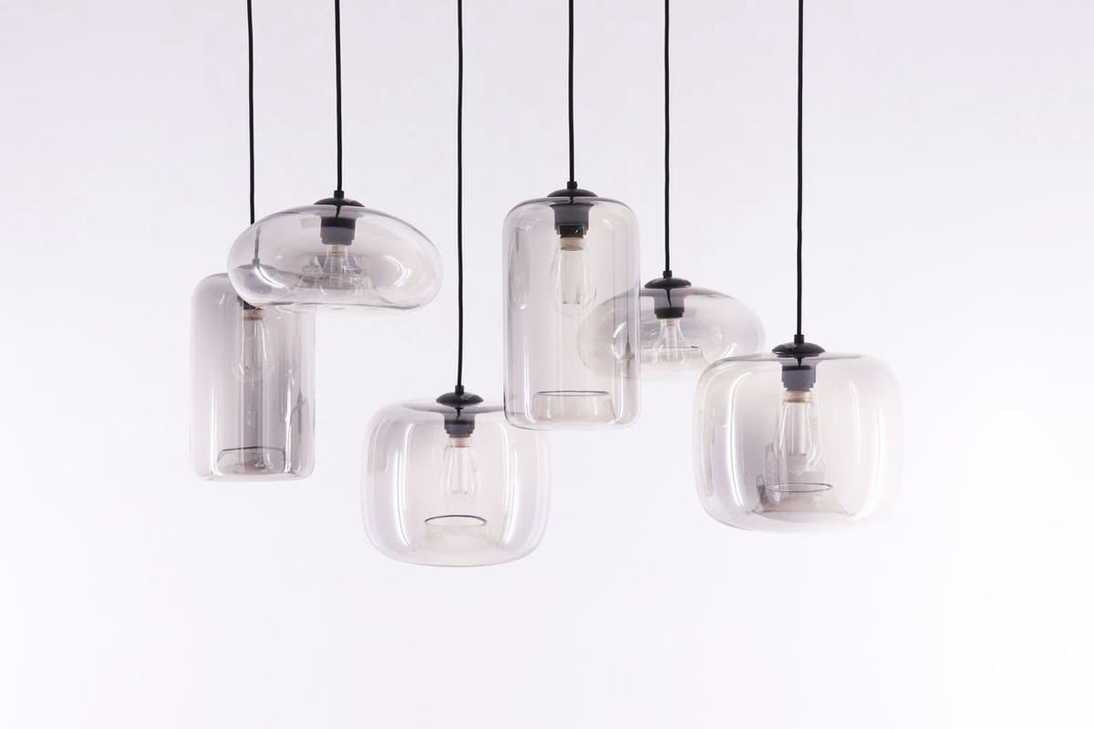 EEF hanglamp Grey folded - getint grijs glas - 6lichts - 100cm