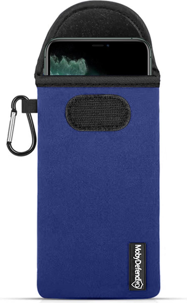 MobyDefend Hoesje - Geschikt voor iPhone 11 Pro - Neopreen Pouch Met Karabijnhaak - Insteek - Riemlus - Blauw
