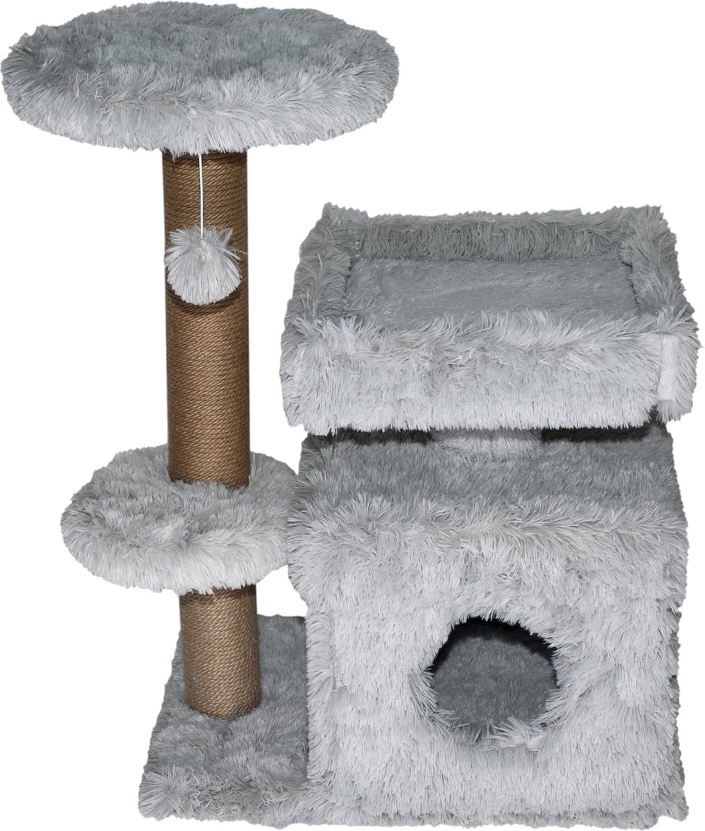 Topmast Krabpaal Fluffy Langhaar - Malmö - Grijs - 72 x 39 x 87 cm - Made in EU - Krabpaal voor Katten - Met Kattenhuis - Sterk Sisal Touw
