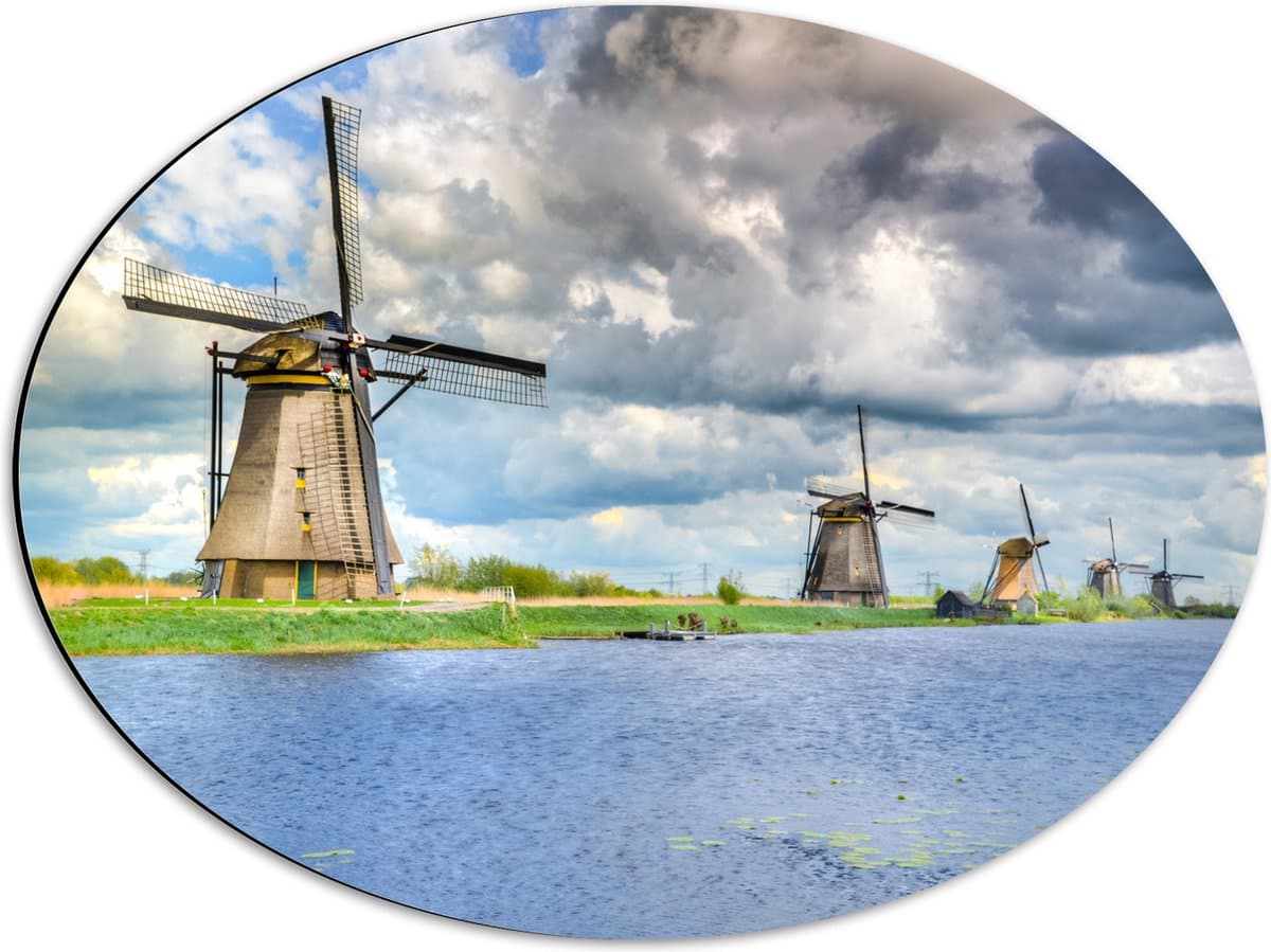 Dibond Ovaal - WIndmolens aan het Water - 56x42 cm Foto op Ovaal (Met Ophangsysteem)