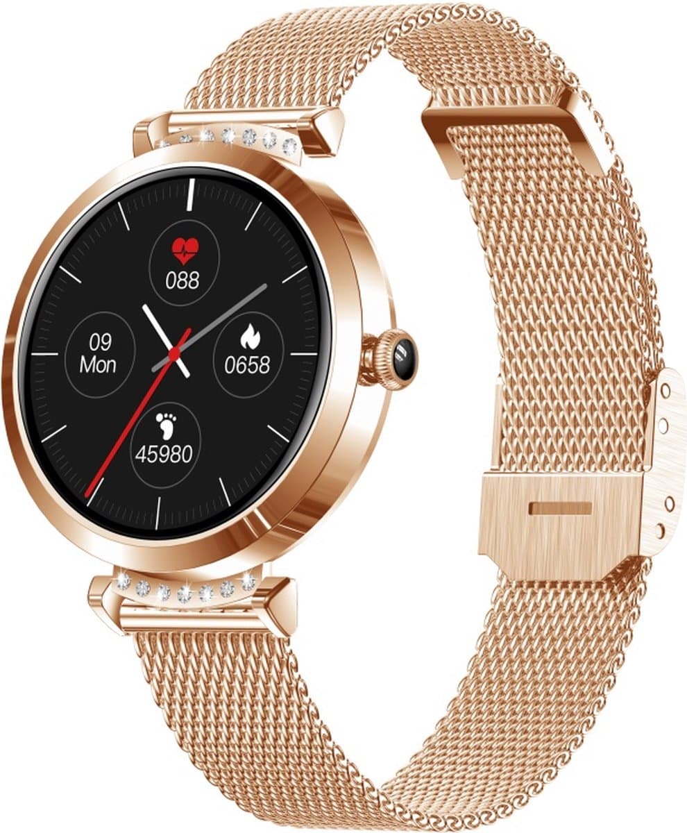 Belesy® New Jersey - Smartwatch Heren – Smartwatch Dames - Horloge – Stappenteller – Calorieën - Hartslag – Sporten - Je eigen foto als wijzerplaat - Kleurenscherm - Full Touch - Milanees – Roségoud - Moederdag