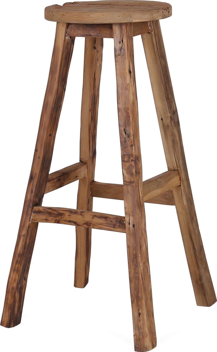 Tall Men Standing Vintage teakhouten Barkruk - 4 poten - rond : Ø30 x H76 cm - Stijlvol en Uniek
