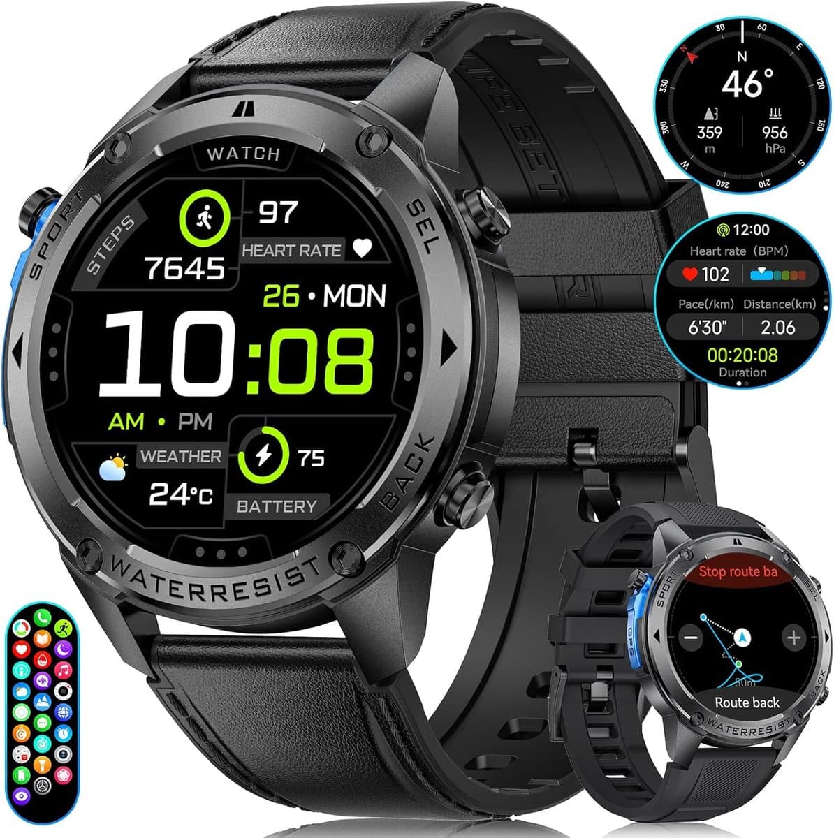 Militaire smartwatch 48 mm GPS met waterdichtheid tot 5 ATM, 45 dagen batterijduur en AMOLED scherm
