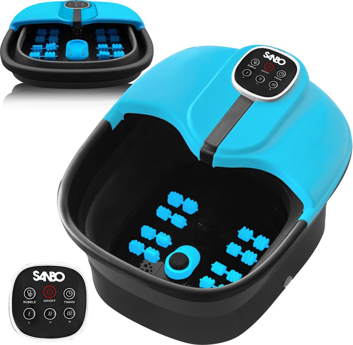 Sanbo Voetenbad - Handmatig Rollers - Verwarmt tot 49°C - Elektrisch Voetbad Met Bubbelfunctie - Voetmassage Apparaat - Zwart / Blauw