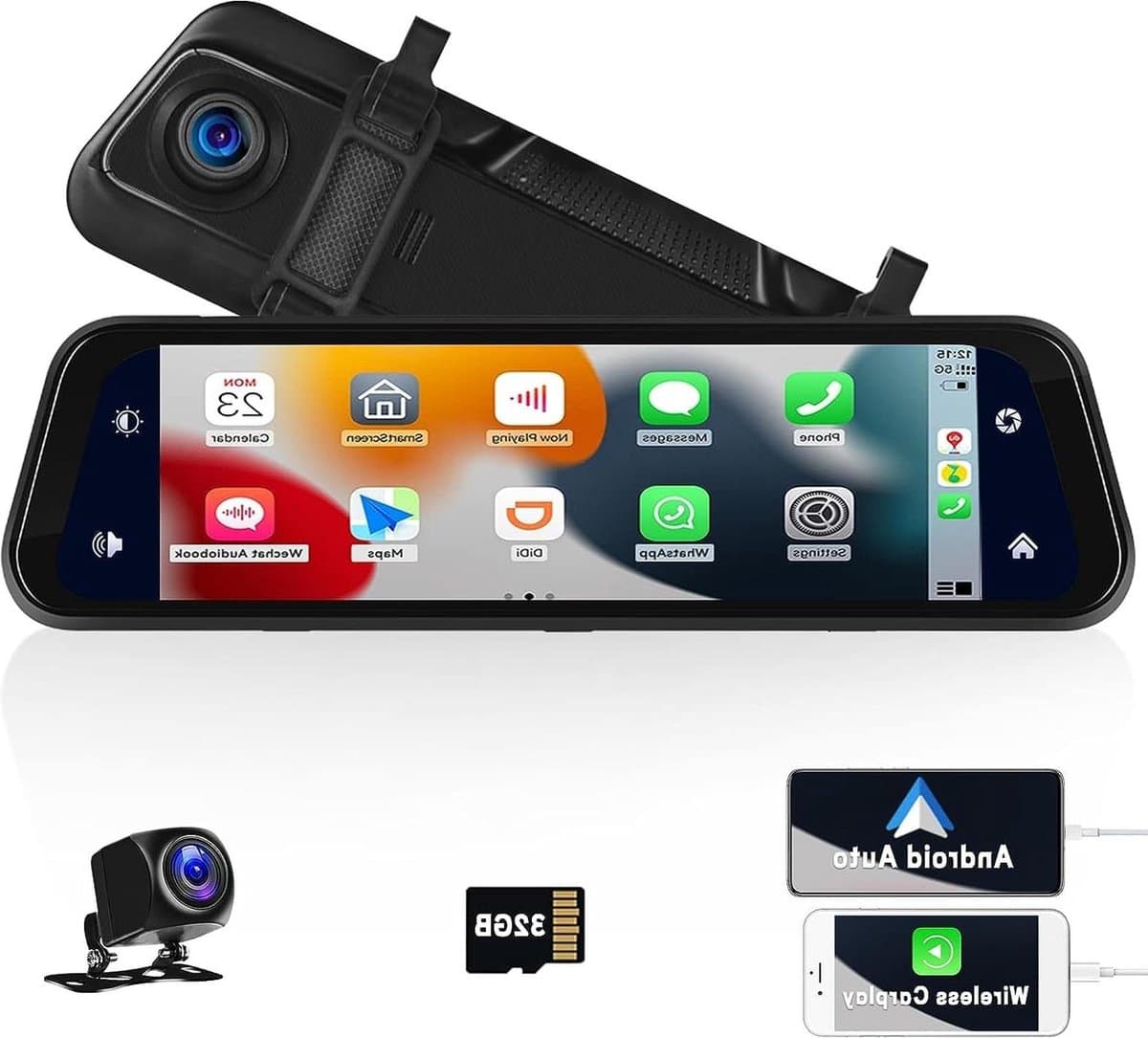 Dash Cam 9.66 inch IPS 1280P touchscreen spiegel daash voor- en WDR achtercamera nachtzicht-lus-opname/64G SD-kaart/24H parkeermonitor met draadloze Apple CarPlay Android Auto