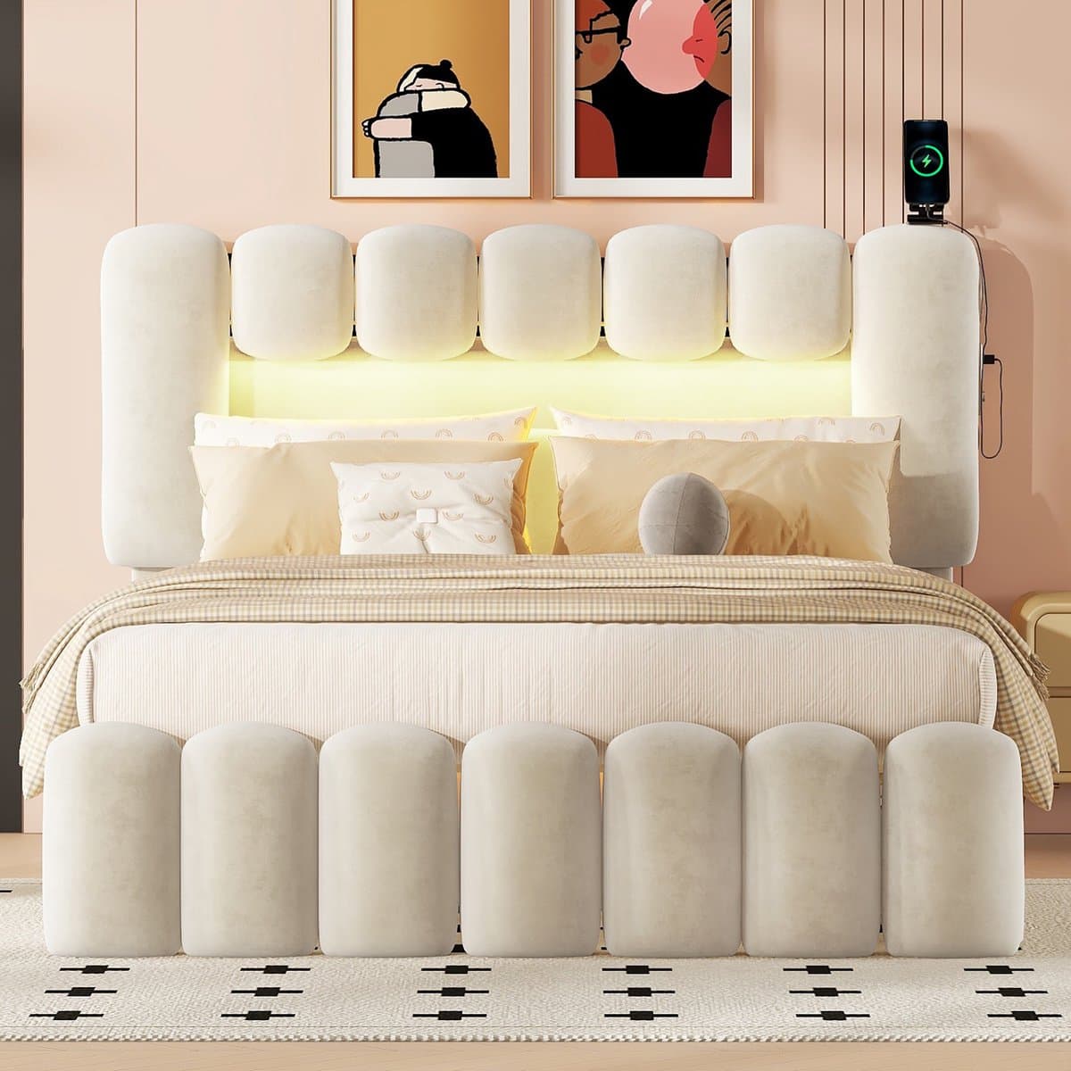 DESMIU Gestoffeerd Bed 140 x 200 cm - Bed Met Luidsprekers, Usb Aansluiting En Ledverlichting - 4 Laden Opbergruimte - Slaapkamer - Fluweel - Beige - Zonder Matras