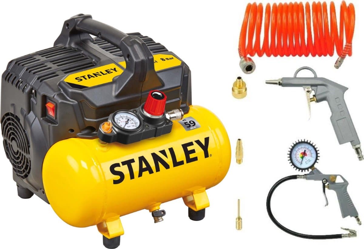 Stanley Luchtcompressor 8 Bar 6L DST 100/8/6 met Luchtgereedschap Set 6-delig - Compressor met Bandenpomp, Luchtpistool en Luchtslang 5M - Olievrij