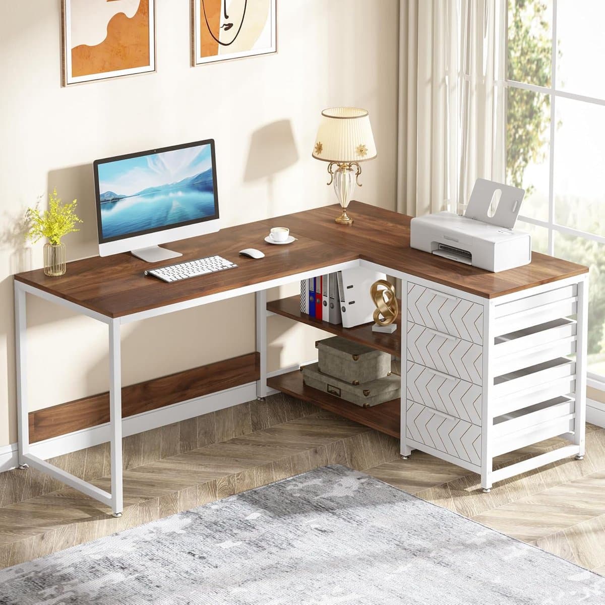 Hoekbureau L-vorm Computerbureau met 4 Laden en 2 Planken – Omkeerbaar Gaming Bureau Industrieel Walnoot & Wit 150 x 110 x 75 cm – Groot Hoekbureau voor Kantoor, Thuiswerk en Gaming – House&Garden