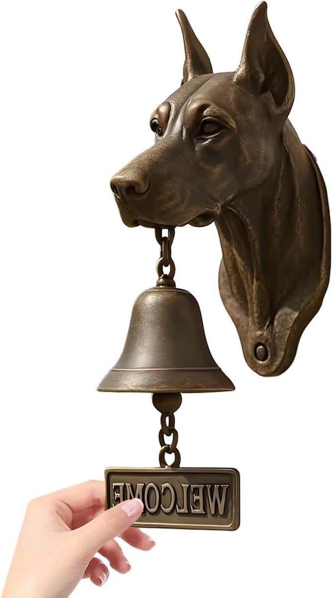 Dinerbel Buiten - Hondenkop Bel - Welkom Gasten - Gietijzer Decoratie - 27.9 cm - Brons