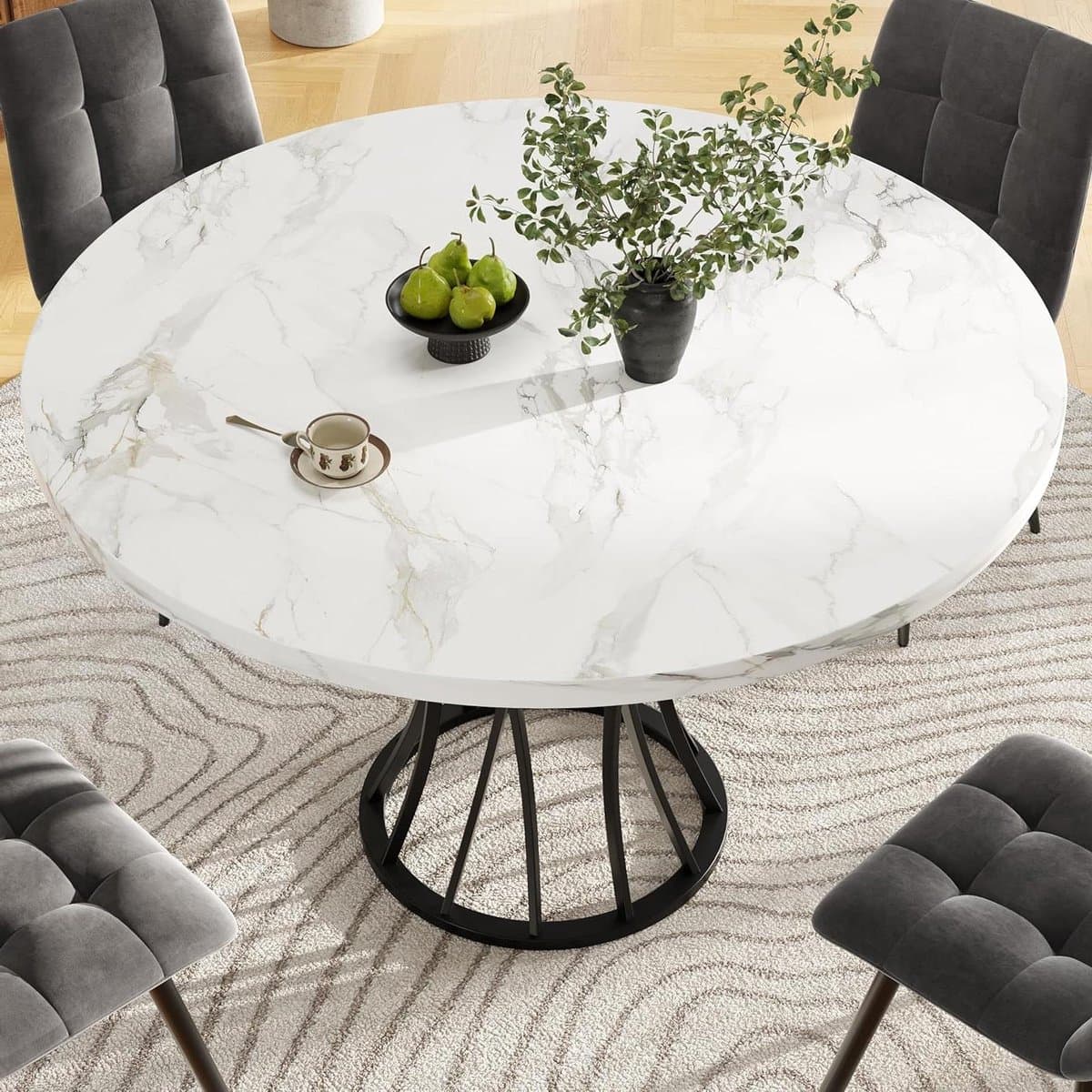 Eettafel Rond - Keukentafel Design - Gezellig Tafelen - Marmerlook Blad - 80 x 76 cm - Zwart