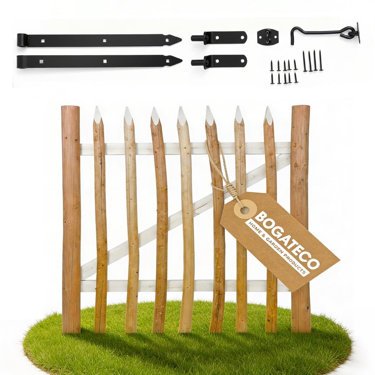 BOGATECO Hazelaar Tuinpoort – 100 x 70 cm – Links Draaiend – Inclusief Hang- en Sluitwerk – Houten Hekwerk Schapenhek Poort – Naturel Hazelaarhout