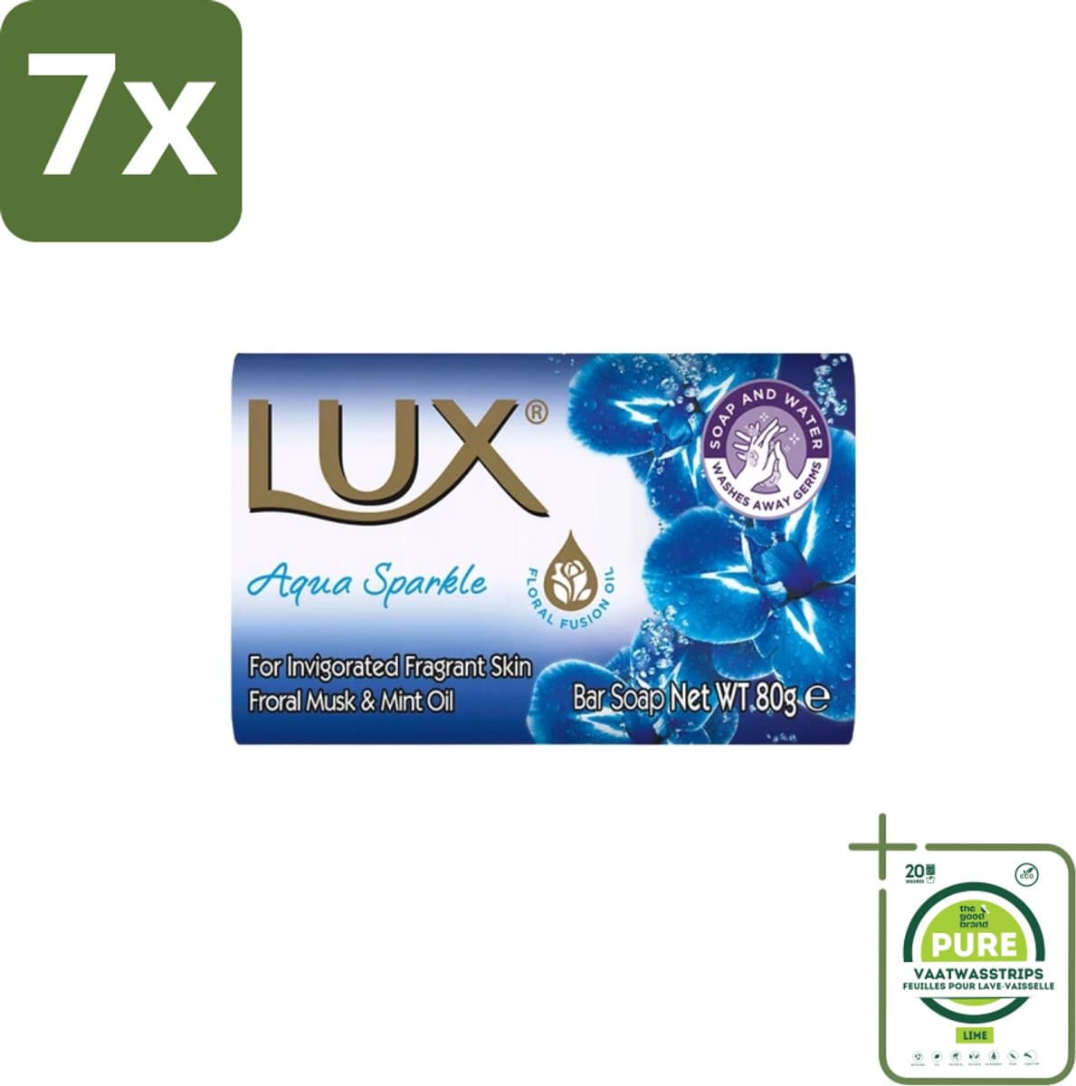 7 x Lux – Bar Soap – Aqua Sparkle – 80 g - Grootverpakking - Zeeptablet Aqua Sparkle - Reiniging - Frisse Geur - Zachte Reiniging - Luxe Wasbeurt