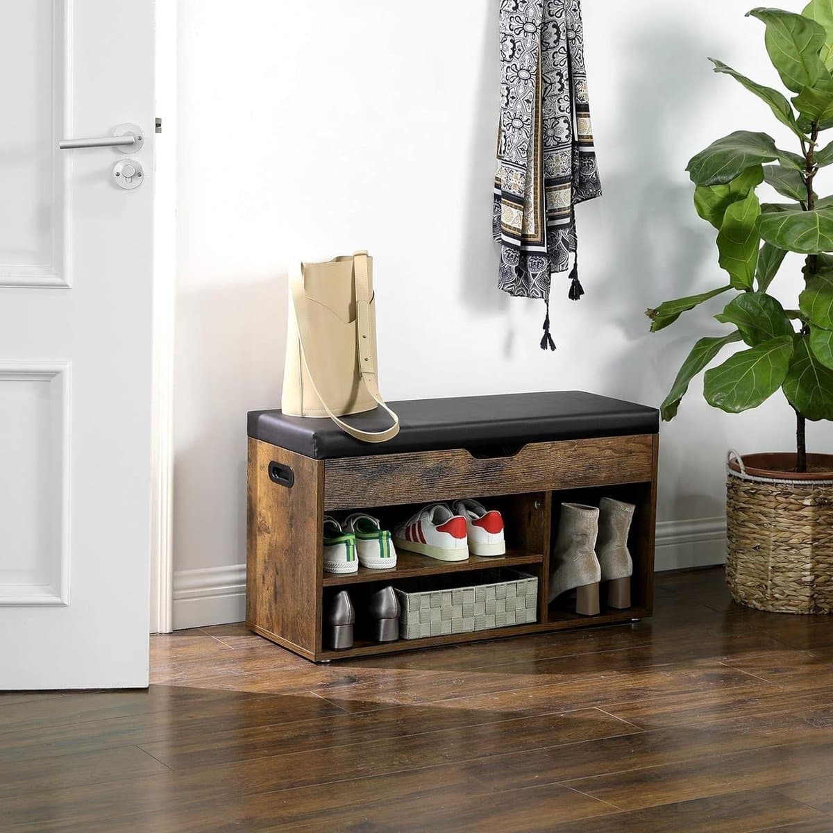 Dutch Wanted - schoenenbank - schoenenbank met zitkussen - halbank - schoenenkast - schoenenrek - bruin - hout - 80x30x44 CM