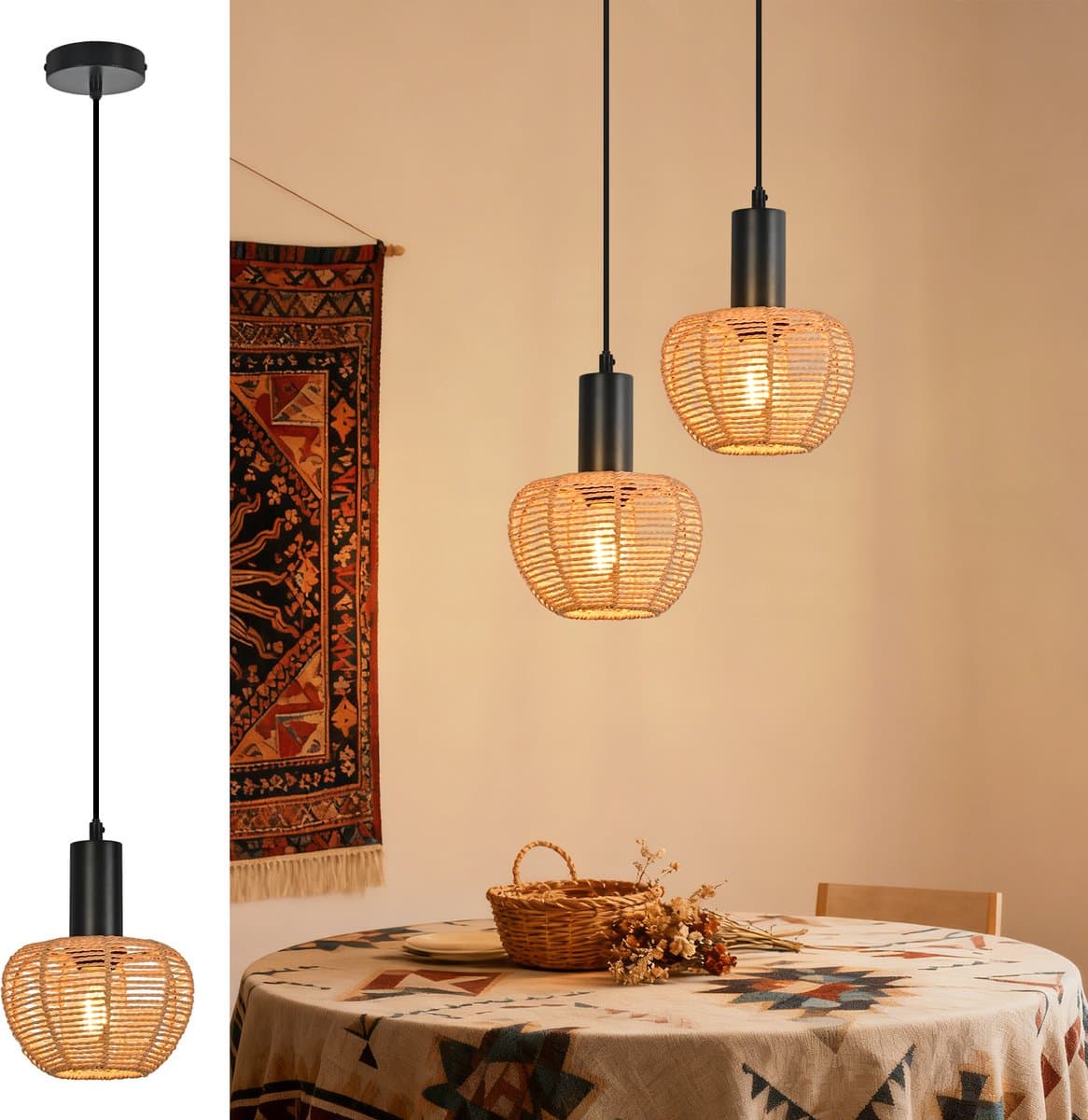 NETTLIFE Hanglamp Boho Rotan - 1-lichts Handgeweven - Ø40 cm - Vintage Gevlochten Pendellamp - Papierkoord - E27 - Bohemian Verlichting voor Eetkamer Woonkamer & Slaapkamer (Zonder Lampen)