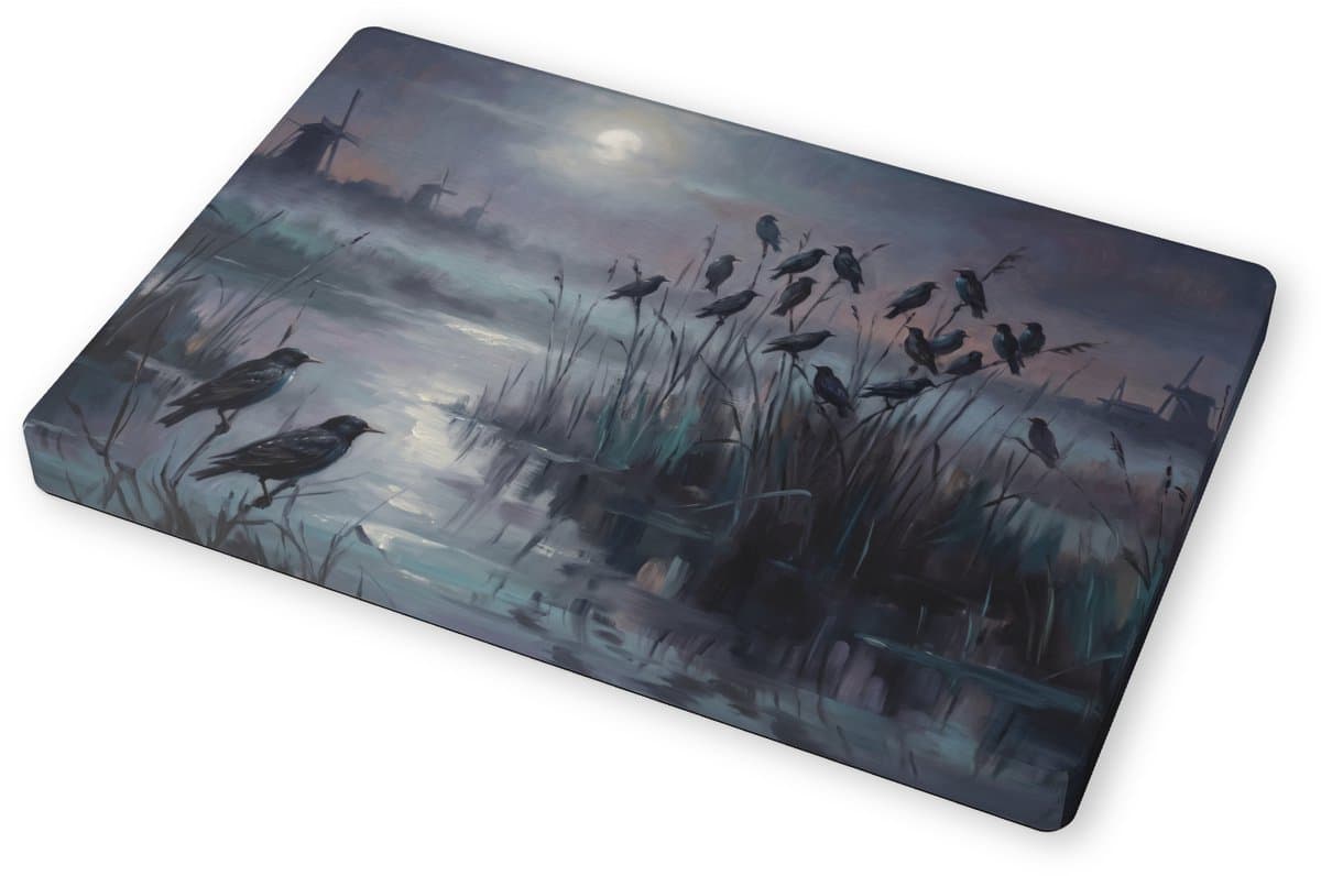 Canvas Schilderij Spreeuwen bij Volle Maan Hollands Nachtlandschap met Windmolens en Rietkragen Sfeervolle Vogel Wanddecoratie Schilderij Sturnus vulgaris Rustieke Kunst voor Woonkamer en Kantoor 30x20 cm