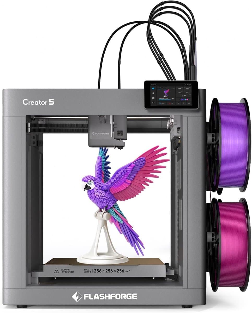 Flashforge Creator 5 - 3D-printer met 4 onafhankelijke printkoppen, FlashSwap voor kleurwissel in 7 sec, CoreXY 600 mm/s, automatische kalibratie en 256x256x256 mm bouwvolume - Ideaal voor meerkleurenprinten
