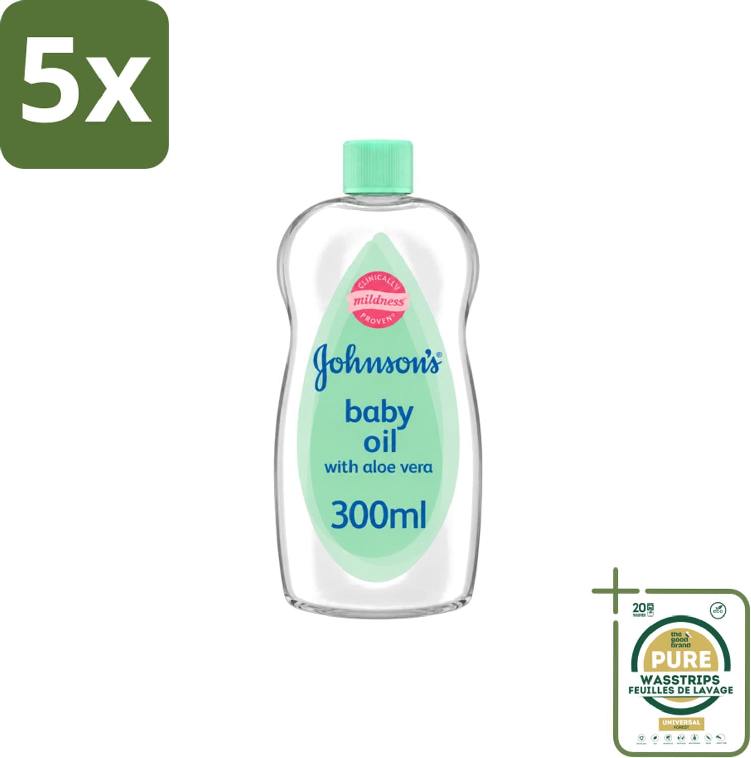 5 x Johnson's - Baby Olie - Aloe Vera - 300 ml - Wasstrips - Babyolie - Aloe Vera - Babyhuid Verzorging - Melkkorst Verwijderen - Hydraterende Olie