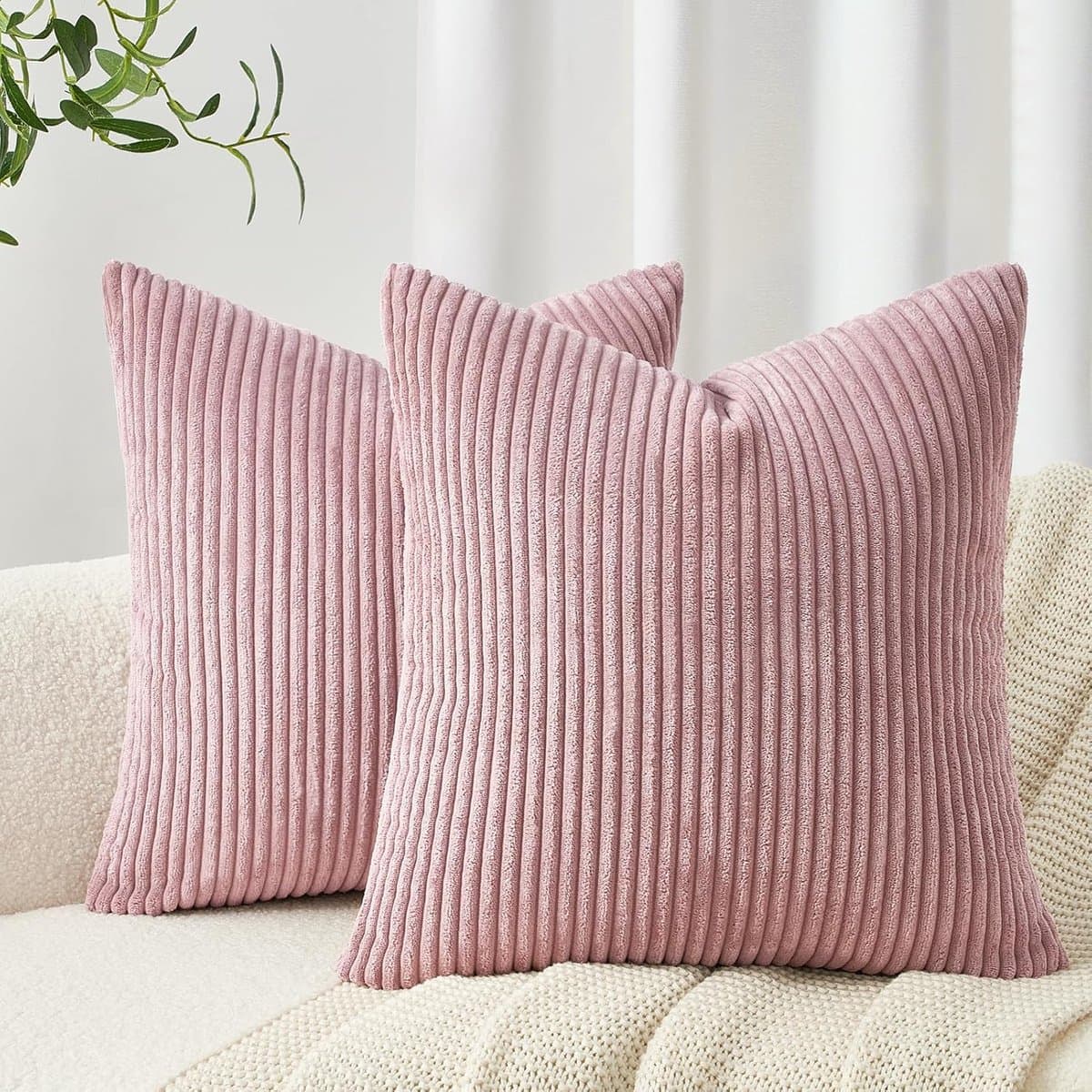 Kussenslopen 50 x 50 cm, roze, corduroy, set van 2, gestreept patroon, kussensloop, bankkussen, sierkussen, decoratie, meisjes, kinderkamer, slaapkamer