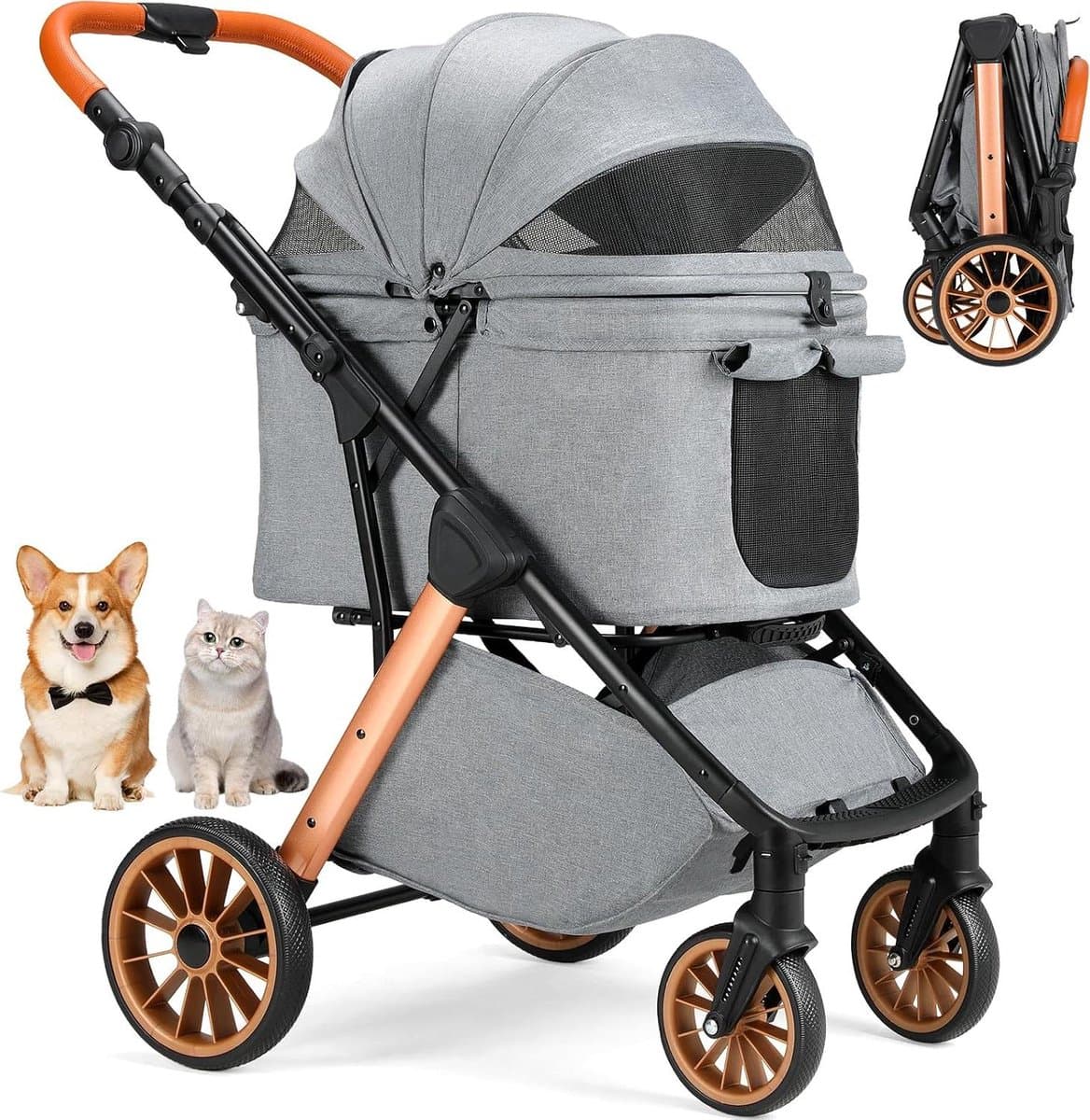 Hondenbuggy Opvouwbaar - Dierenwagen Kat - Comfortabel Vervoer - One-Touch Inklapbaar - Tot 25 kg - Donkergrijs