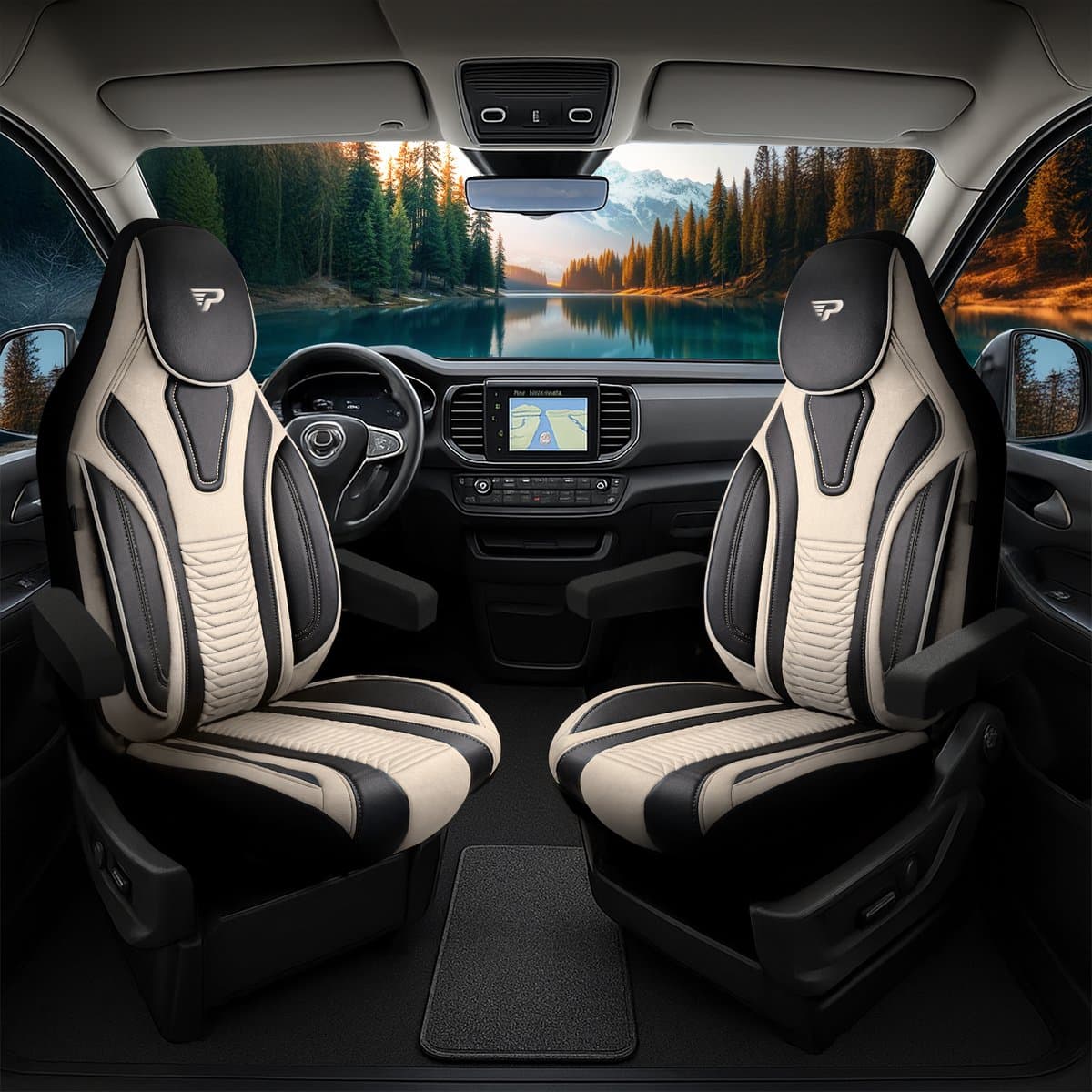 Camper stoelhoezen Ford Transit Custom 2012 - 2023 - Tokyo Beige - Premium kunstleer & suède - Uniek design - 2 losse voorstoelen