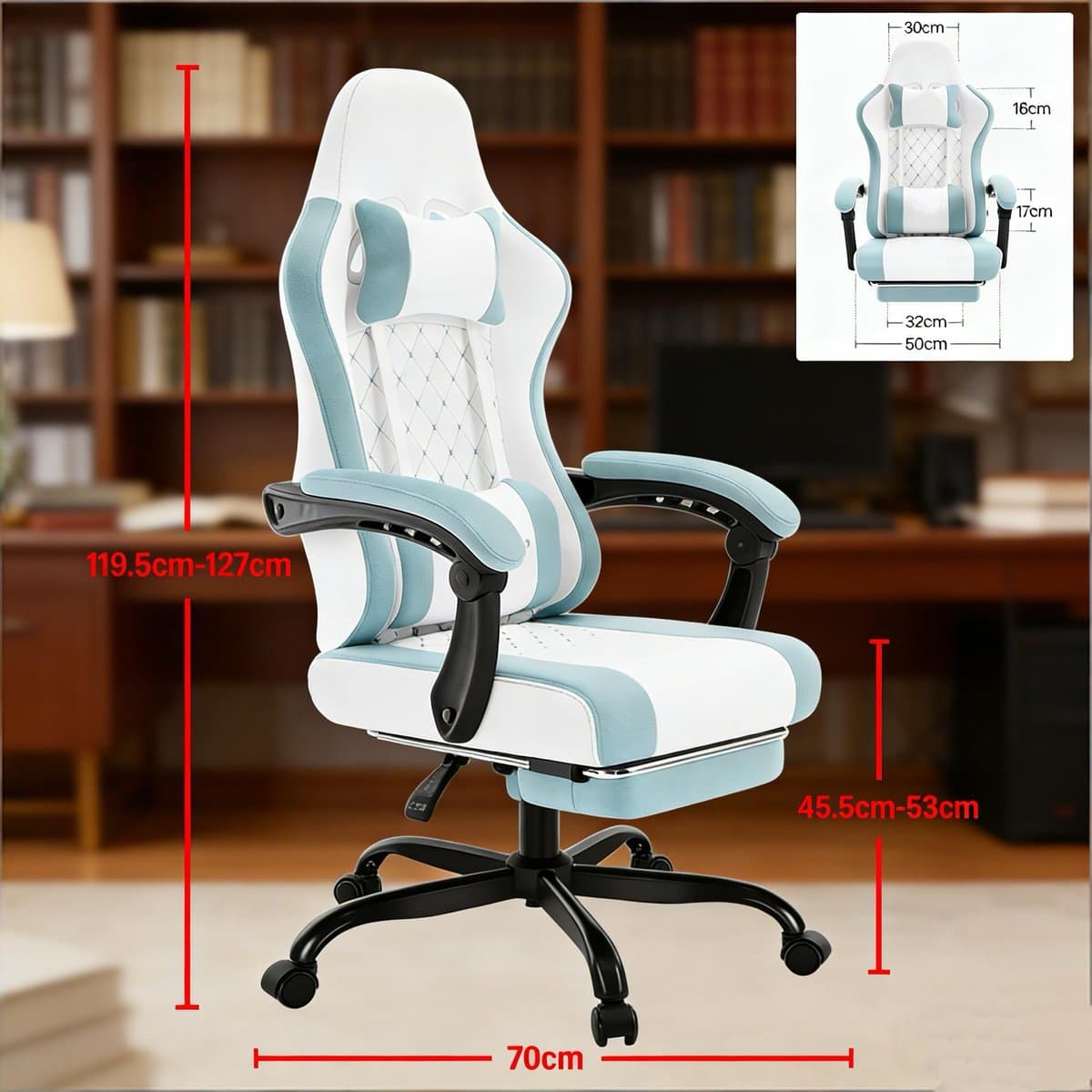 MODENUIT Bureaustoel 70 x 70 x 127 cm - Draaibaar Met Massage Lendenkussen - Voor Bureau En Gaming - Mesh - Blauw Wit