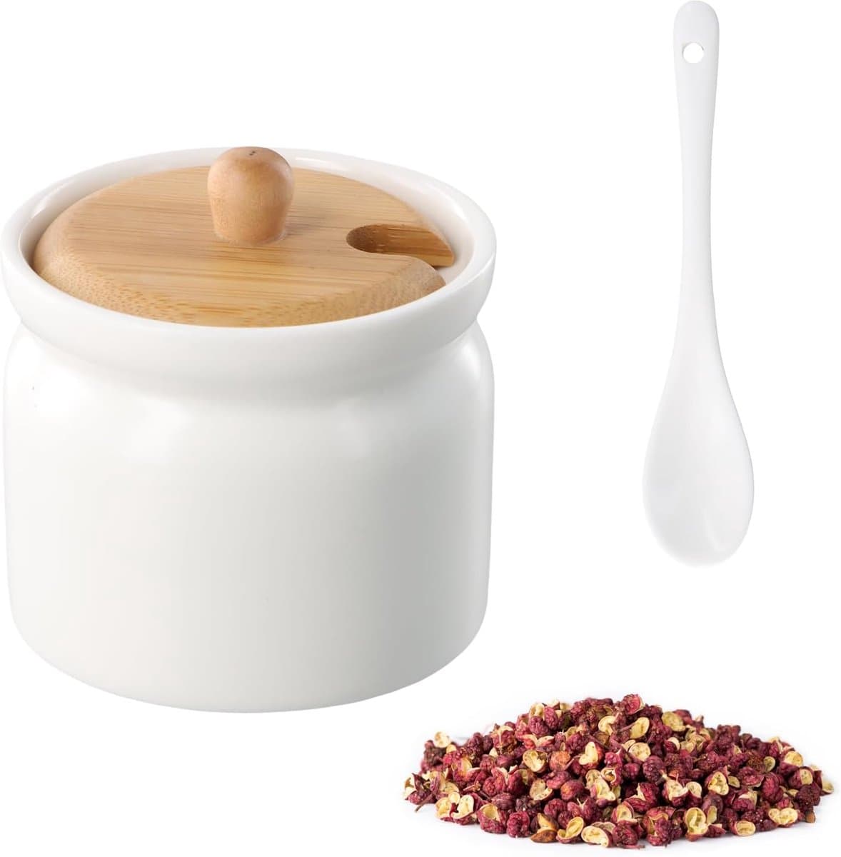 QTTVBTNA - 180ml Keramische Suikerpot met Deksel en Lepel – Keramiek – Voorraadpot met Bamboe Deksel – Voor Suiker, Zout, Koffie en Thee – Keukenopslag – Wit