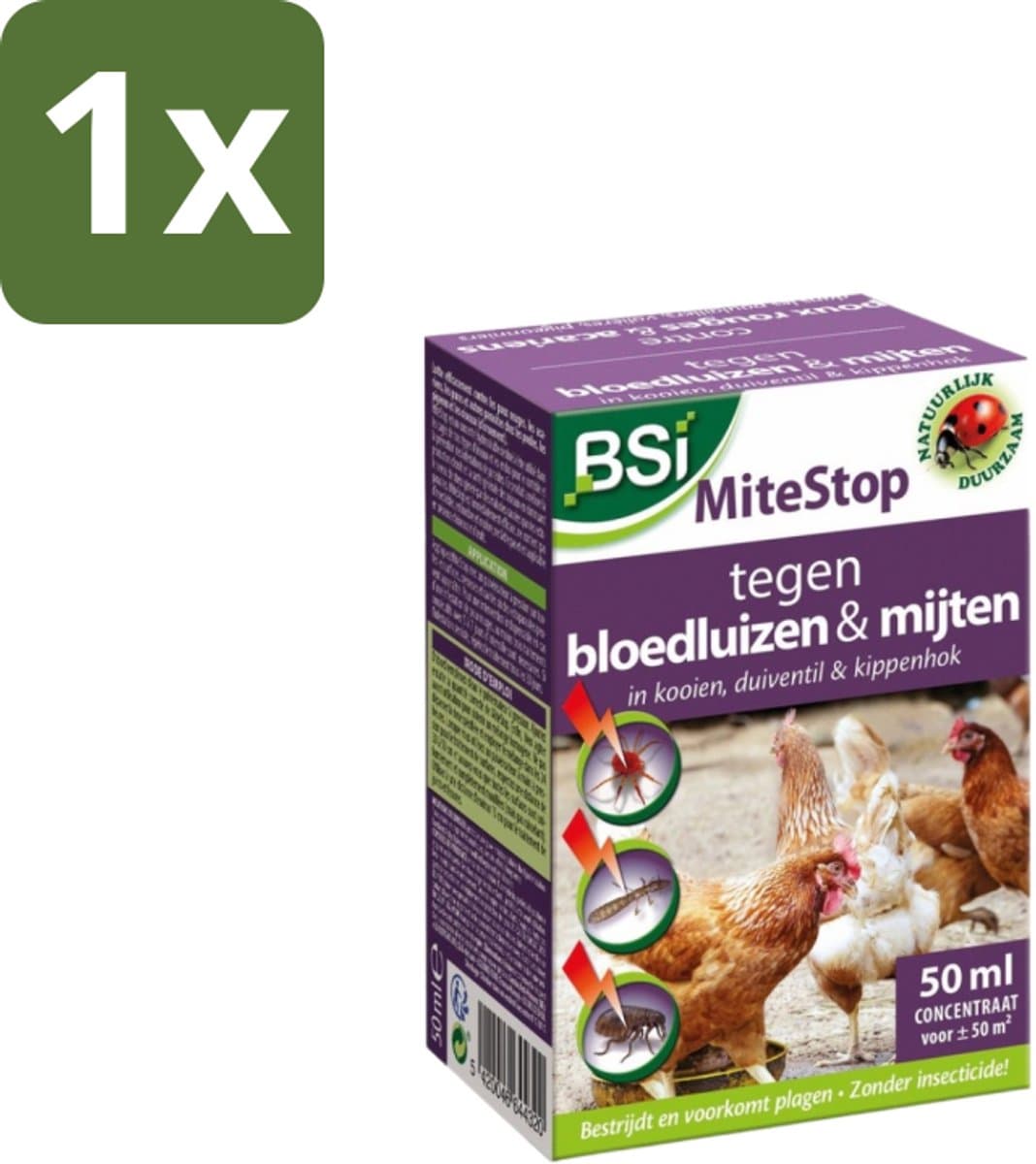 1 x BSI – Mitestop Concentraat – Tegen Bloedluizen & Mijten – 50 ml - Bloedluizen Bestrijding - Vogelmijten Bestrijding - Ectoparasieten Bestrijding - Pesticidevrije Bestrijding - Vogelplagen Voorkomen
