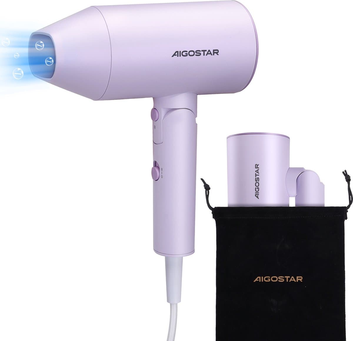 Aigostar Diane 301YT - Föhn met 3 Warmtestanden - Inklapbare Compacte Reisföhn - Ionische Haardroger - Coolshot Functie - 2100W - Paars