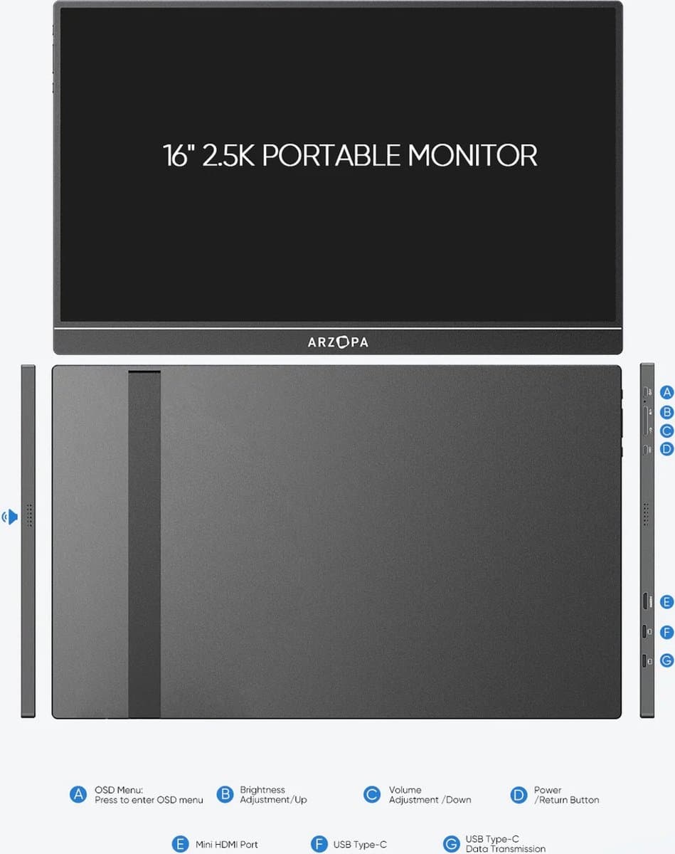 Arzopa - Z1RC - 2K Portable Monitor - 16 inch - 2 x USB-C - 1 x Mini HDMI