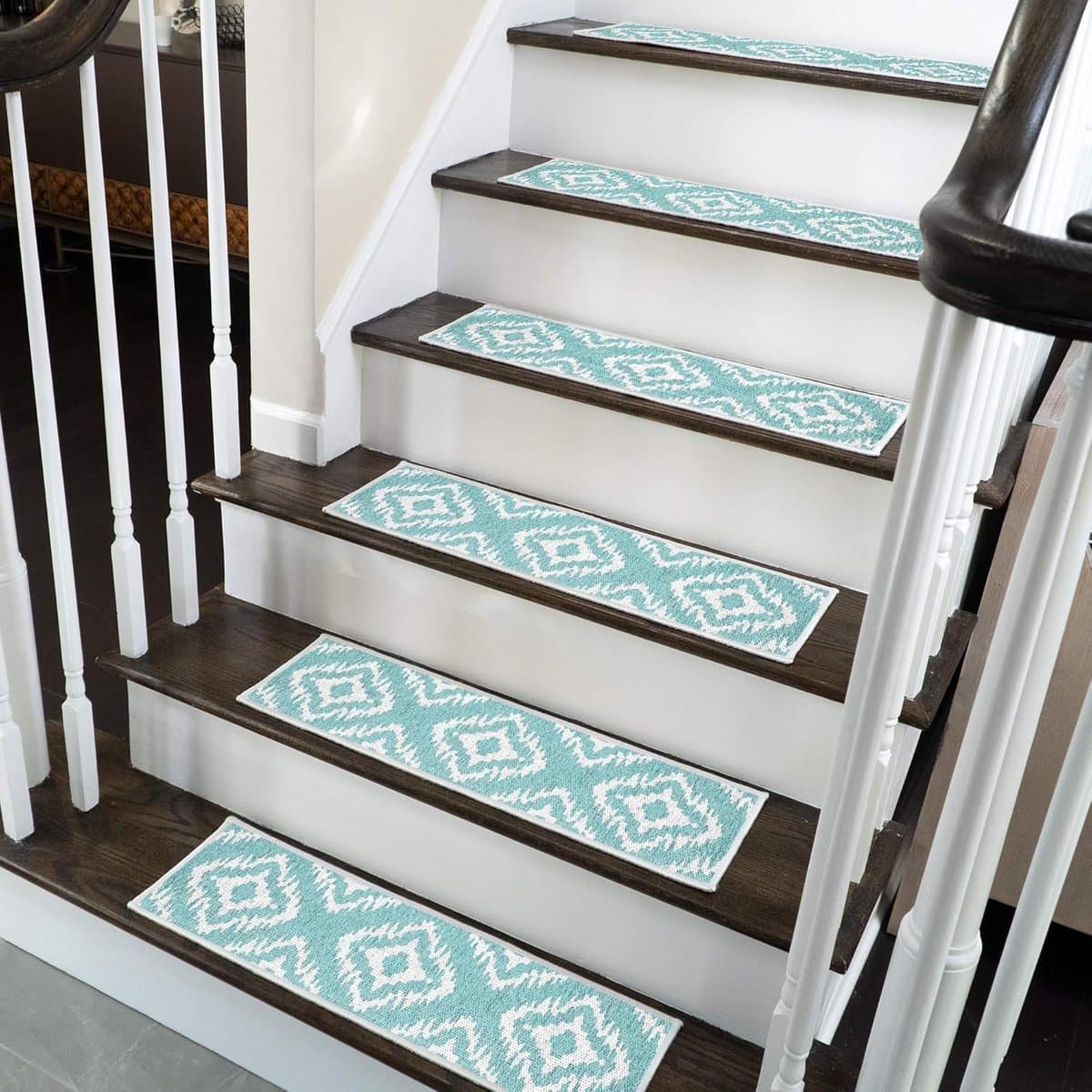Tetra One Color Design 9" X 28" Traplopen - 70% Katoen Antislip Tapijtstrippen voor Binnen - Makkelijk te Installeren met Dubbele Kleefband - Extra Grip - 13-Pack - Teal