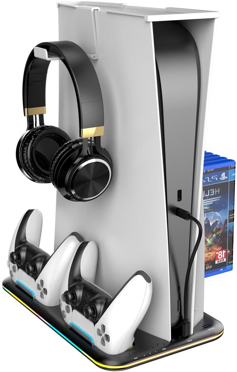 IBETTERTEC - PS5 Koelingsstandaard met 3-traps ventilator en RGB verlichting Controller-oplaadstation -PS5 Controller Oplaadstation - PS5 Standvoet voor PS5 Disc/Digital Edition Controller Oplaadstation - met Headset Houder en met 6 Spellen Opslag