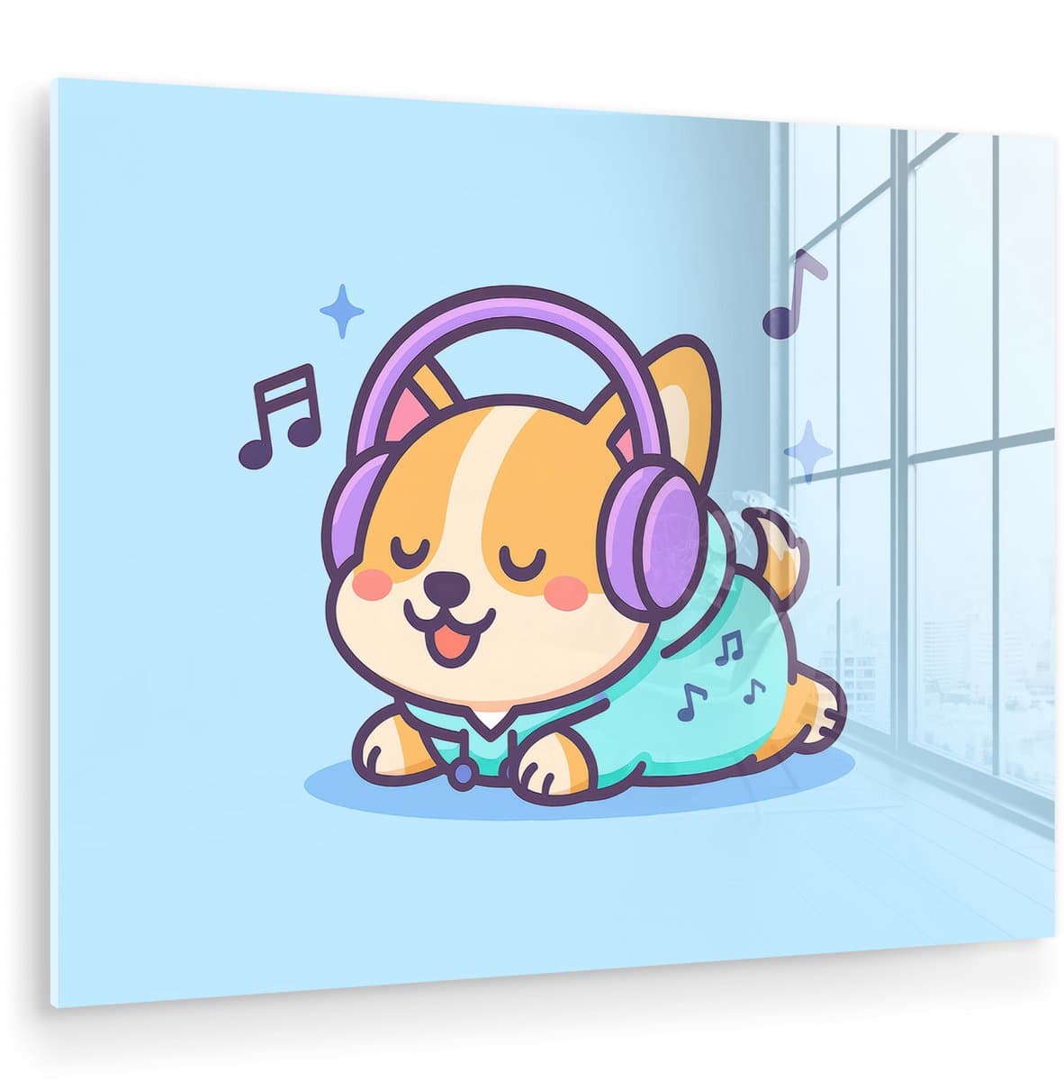MuchoWow® Glasschilderij 120x90 cm - Schilderij acrylglas - Corgi - Koptelefoon - Blauw - Muzieknoten - Foto op glas - Muurdecoratie woonkamer - Wanddecoratie slaapkamer - Schilderijen