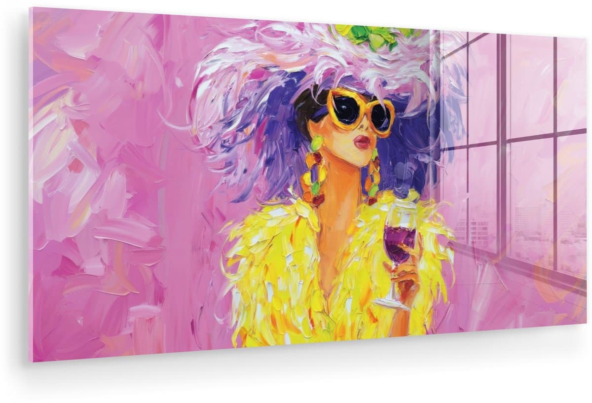 MuchoWow® Glasschilderij 40x20 cm - Schilderij acrylglas - Zonnebril - Vrouw - Jas - Veren - Foto op glas - Muurdecoratie woonkamer - Wanddecoratie slaapkamer - Schilderijen